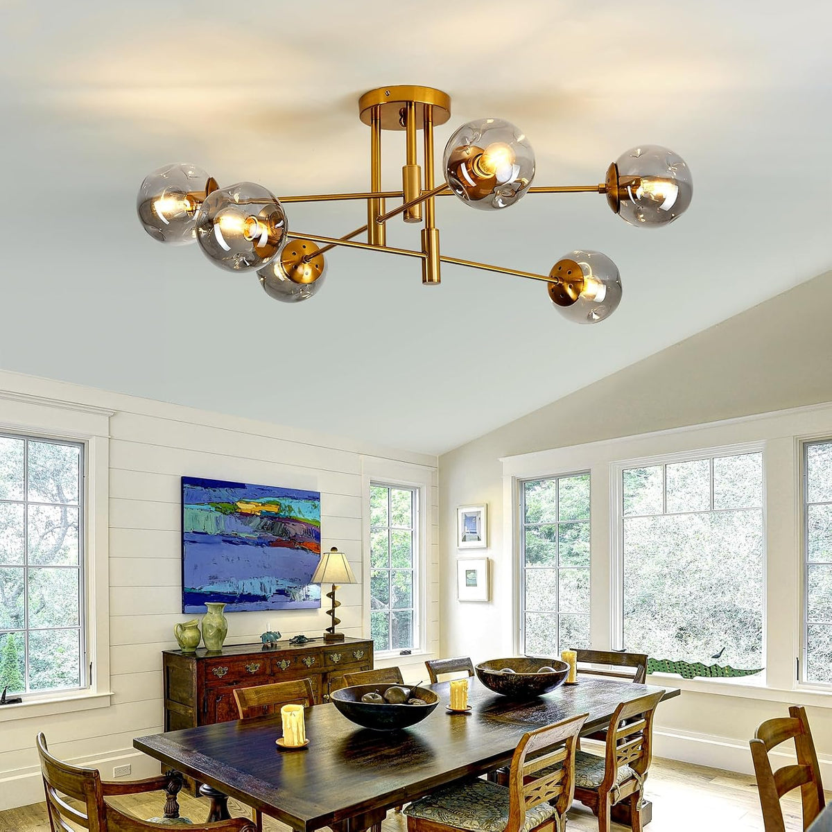 6-Lights Glass Globe Chandelier Modern Flush Mount Ceiling Light Fixture Gold Farmhouse Lighting for Dining Room Living Room Bedroom Kitchen Passageway.