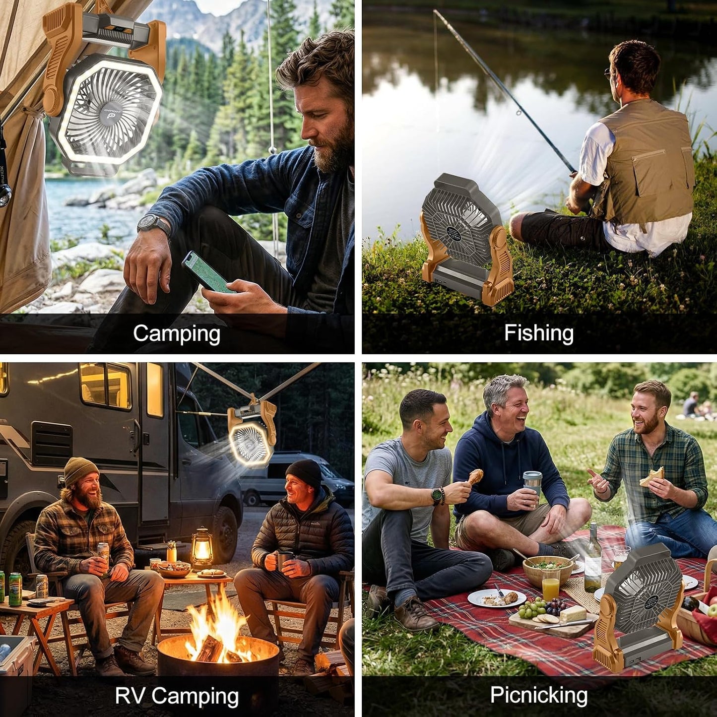 Odoland Portable Rechargeable Fan, 20000mAh Camping Fan with LED Lantern | 4-Speed Airflow & 3-Color Light Oscillating Fan with Hanging Hook for Tent Car Beach Hurricane Power Outage, Brown