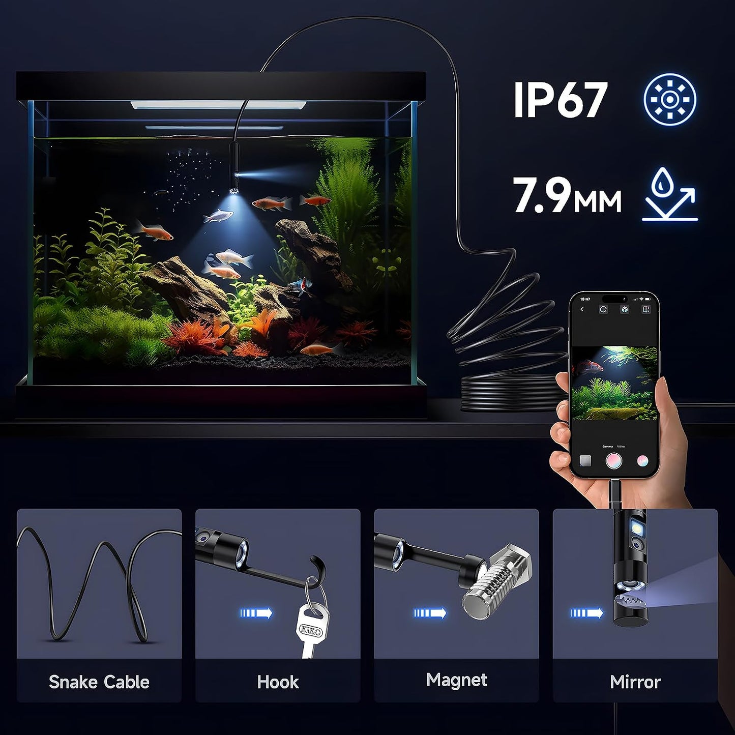 [Dual-Lens] Endoscope Camera with Light, 1920P HD Borescope with 8+1 Adjustable LED Lights, IP67 Waterproof 16.5FT Semi-Rigid Snake Cord Inspection Camera for iPhone, iPad and Android Phone (Type C)
