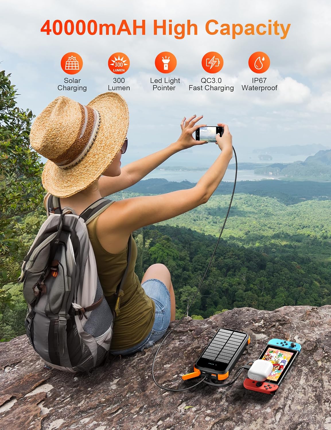 MINRISE Solar Power Bank 40000mAh, Portable Charger PD 20W Fast Charging | Built in 4 Cables and USB-C in/Output,External Battery Pack with Flashlights,for All Cell Phones,for iPad,Camping Essentials