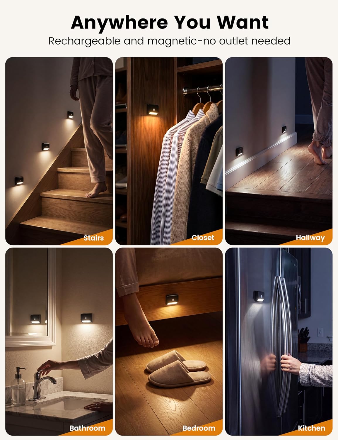 VOLISUN Rechargeable Motion Sensor Stair Lights Indoor, 3 Color Temperature LED Night Light with Light Sensor, Magnetic Stick-on Stair Lights for Hallway Bathroom Bedroom Closet Steps Black 8 Pack