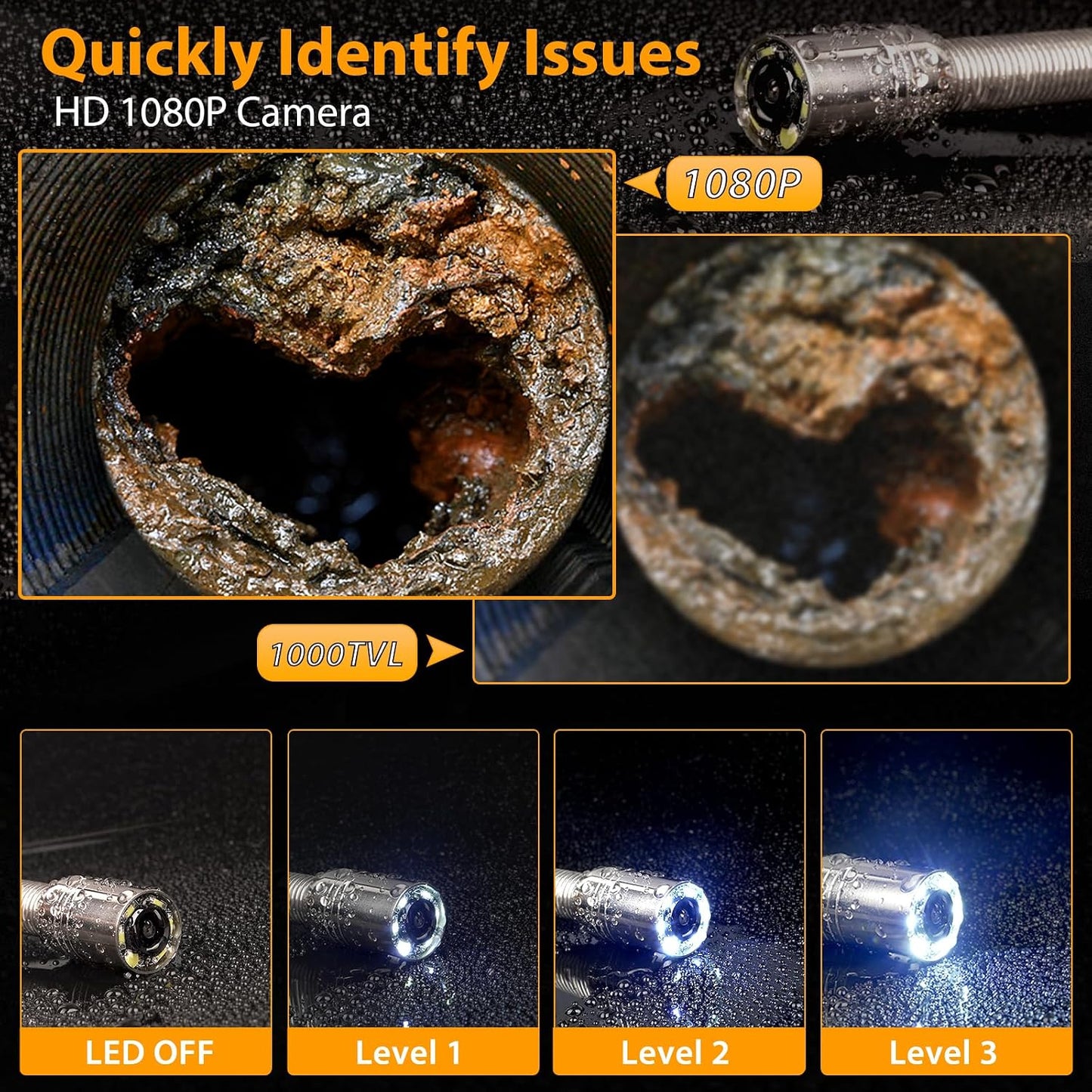 Sewer Camera 100FT/30M Pipe Inspection Borescope Endoscope Camera with Light 6 LEDs 5" IPS Screen 17MM Plumbing Snake 5000 Mah Battery,1080P High-Definition Industrial Sewer Camera