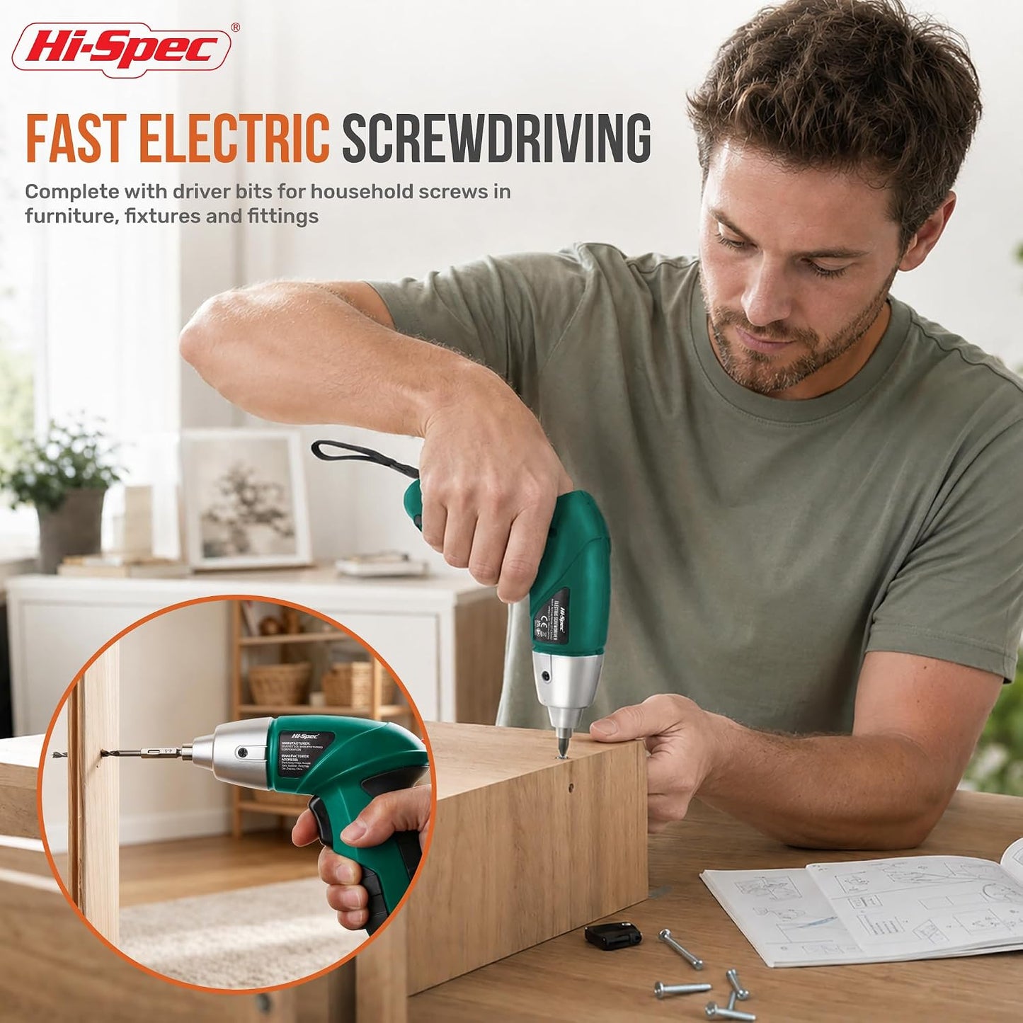 Hi-Spec 4V USB Electric Screwdriver Tool Kit for Home Repairs, Green | 42pc, fast assembly help, common screw bit selection, LED visibility, compact grip, quick household fixes, organized storage