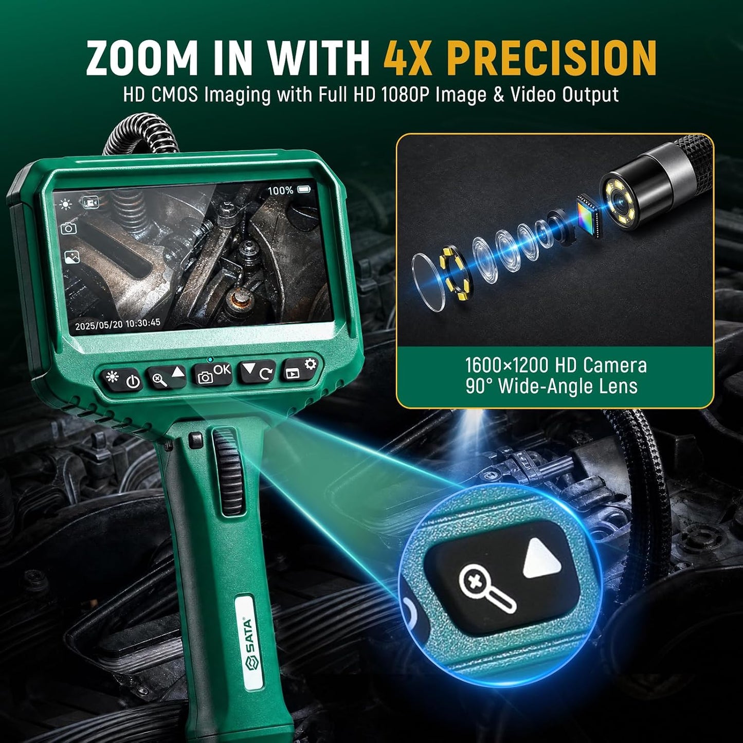 SATA Two-Way Articulating Borescope with Light, 210° Articulation, Industrial Endoscope Camera, IPS HD Display, Flexible Snake Probe for Automotive Engine, HVAC, Plumbing and Mechanical Inspection-5FT