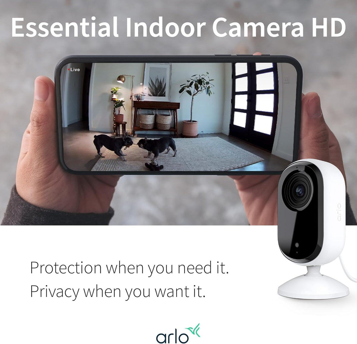 Arlo Essential Security Camera HD | Indoor Only | 2nd Gen | Pet Camera & Baby Monitor | Wired, Automated Privacy Shield, 2-Way Audio, Night Vision, Live Stream, Motion Alerts,Notifications|White 1 Cam