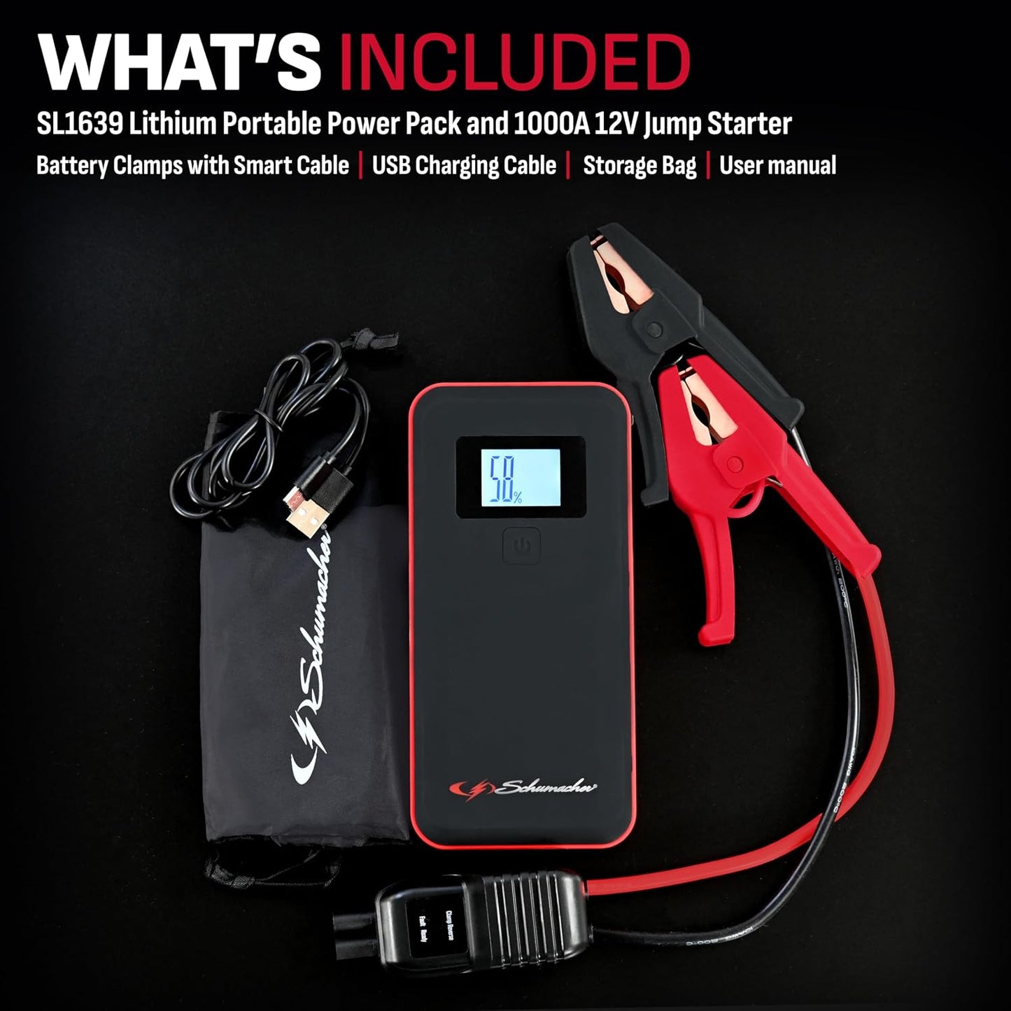Schumacher Electric 1000 Peak Amp 12V Portable Lithium Car Battery Jump Starter & Power Pack - Lithium Ion Jump Box - with USB Charging & LED Emergency Light - SL1639