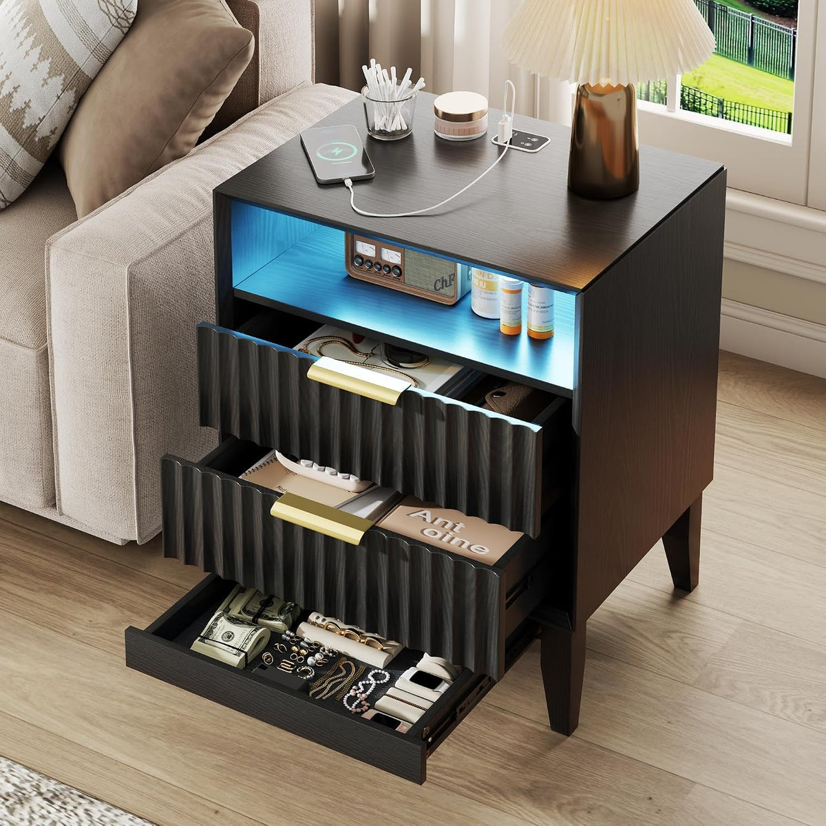LVSOMT 20“ W Fluted LED Nightstand with Charging Station, RFID Lock, Black