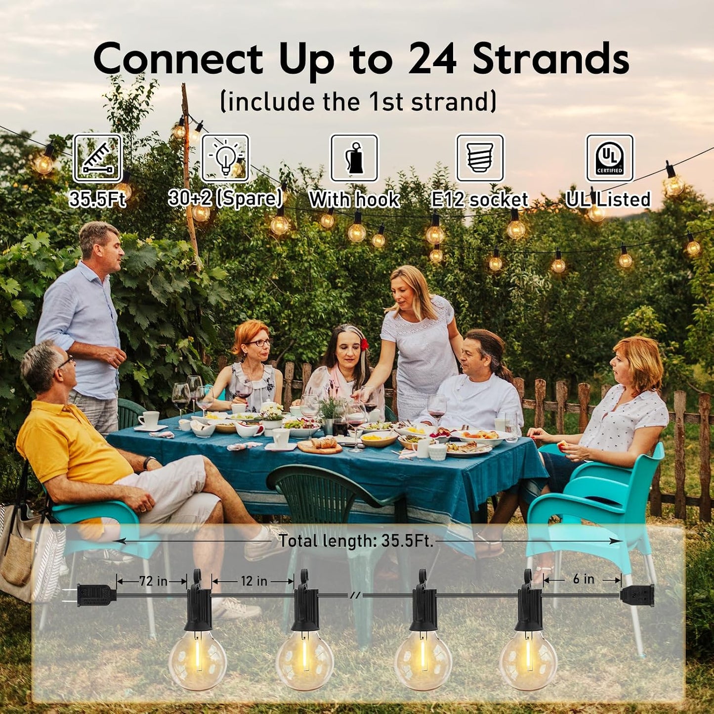 Brightown Outdoor String Lights, 35FT with 30 Bulbs, Waterproof Connectable | Patio Lights with Shatterproof G40 Replaceable Bulbs, Plug-In Outside Hanging Light for Backyard Bistro Porch Party Decor