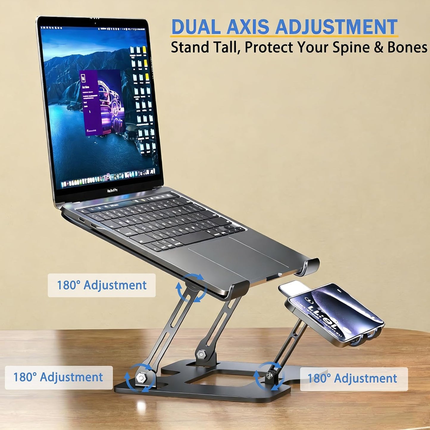Laptop &amp; Phone 2-in-1 Cooling Stand with Silent Fan, Adjustable Height &amp; Angle, Carbon Steel Foldable Laptop Riser, Gaming Laptop Cooler Pad for Laptops Up to 18 Inch (Black)