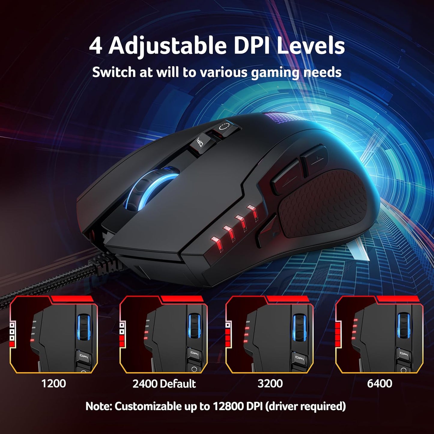 Acer Wired Gaming Mouse, 12,800 DPI RGB Ergonomic Computer Mouse for PC | Optical Sensor, 12 Backlit Modes, 8 Programmable Buttons, Software for DIY Keybinds, Rapid Fire, USB Mouse for Laptop