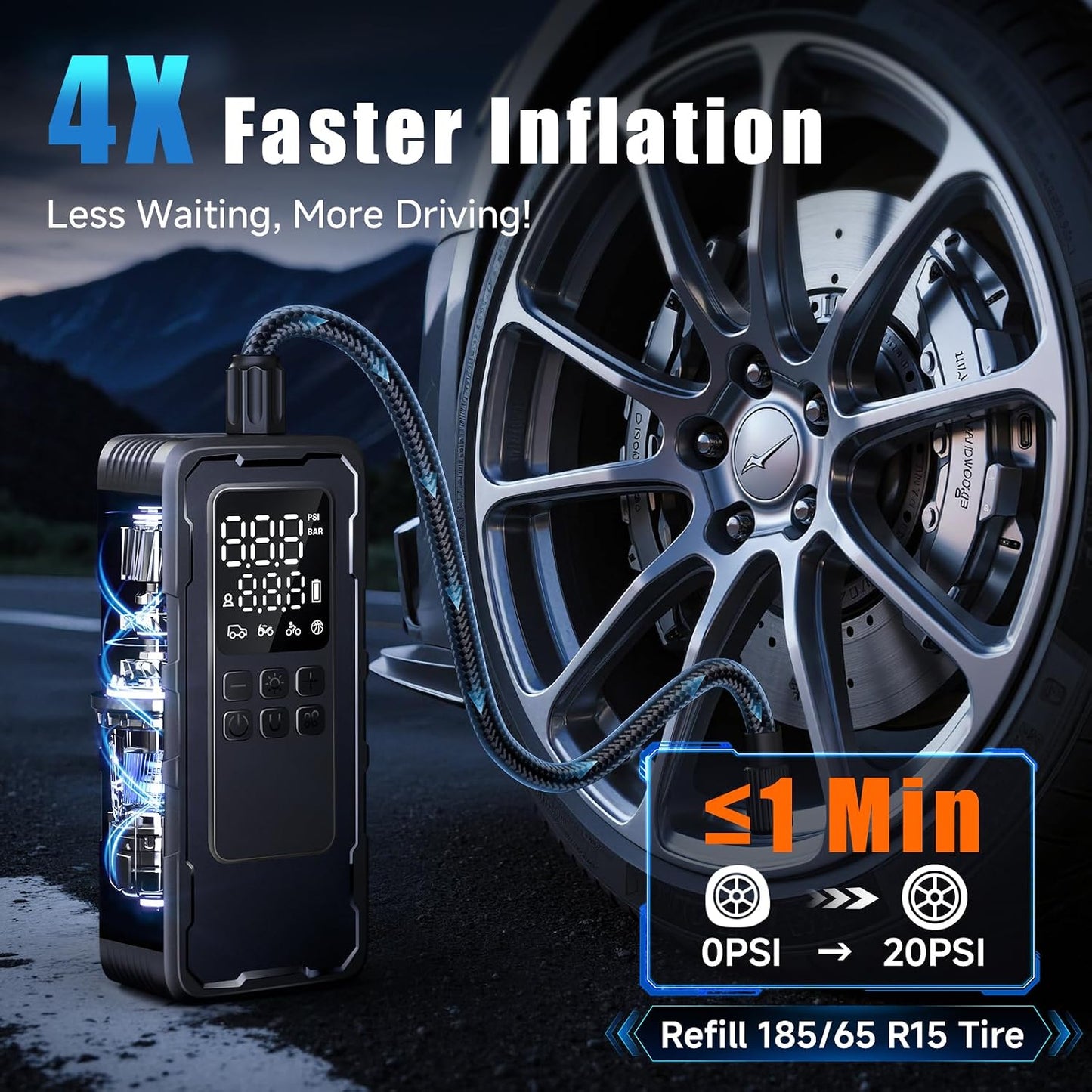 Tire Inflator Portable Air Compressor, 150 PSI Cordless Air Pump for Car Tires with Digital Pressure Gauge, Auto-Shutoff, LED Light, 12V Rechargeable Battery for Motorcycle, Bike, Ball, Inflatables