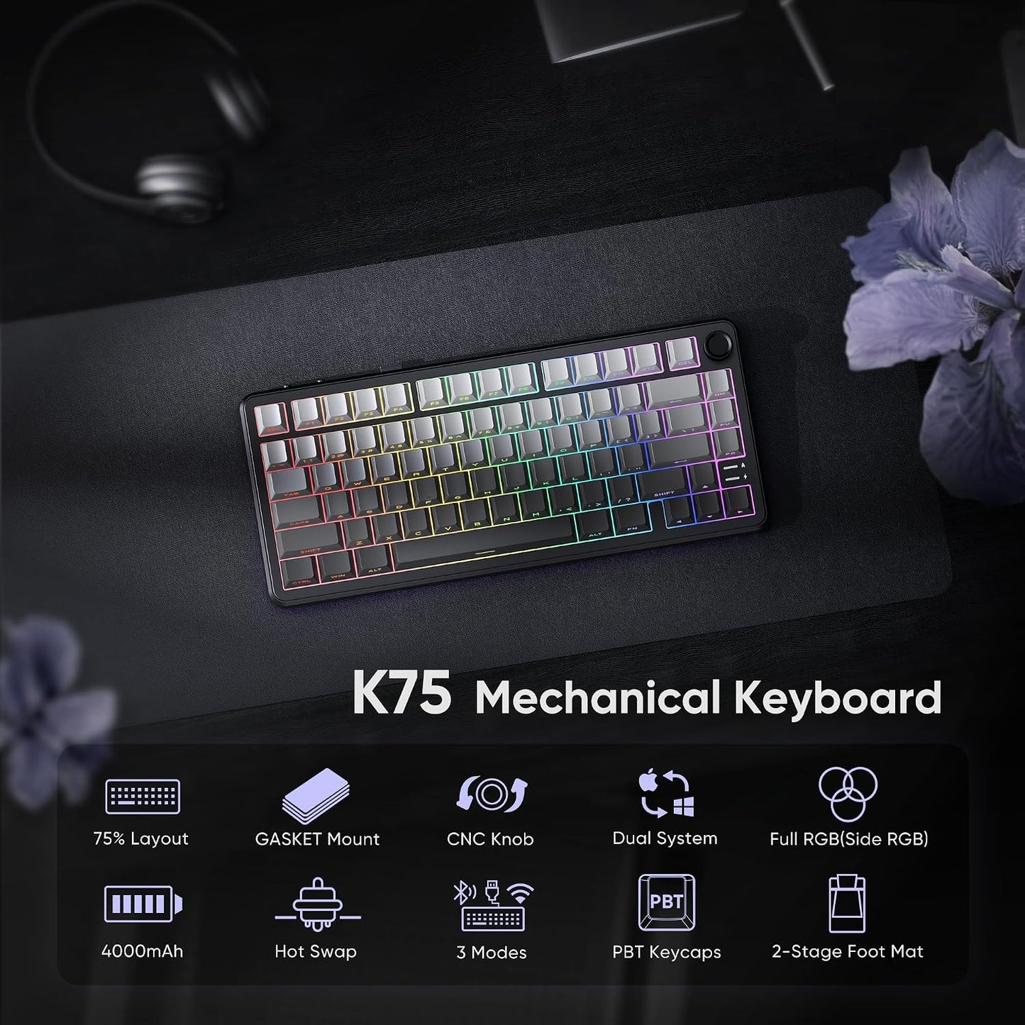 RedThunder K75 Wireless Mechanical Gaming Keyboard, 75% Hot Swappable Creamy Keyboard with Knob, RGB Backlit, Pre-lubed Linear Switches, Side Engraved PBT Keycaps, Wireless/Wired/BT5.0, Gradient Gray