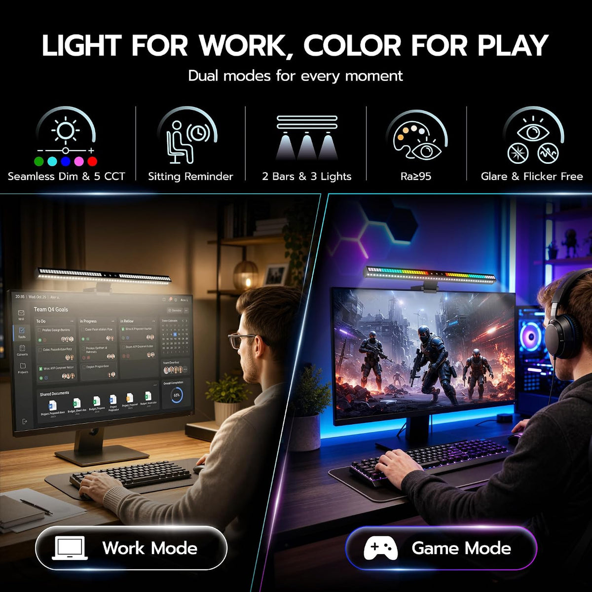 ARES WING Monitor Light Bar with Music Sync, 2-Bar 3-Source RGB Lightbar