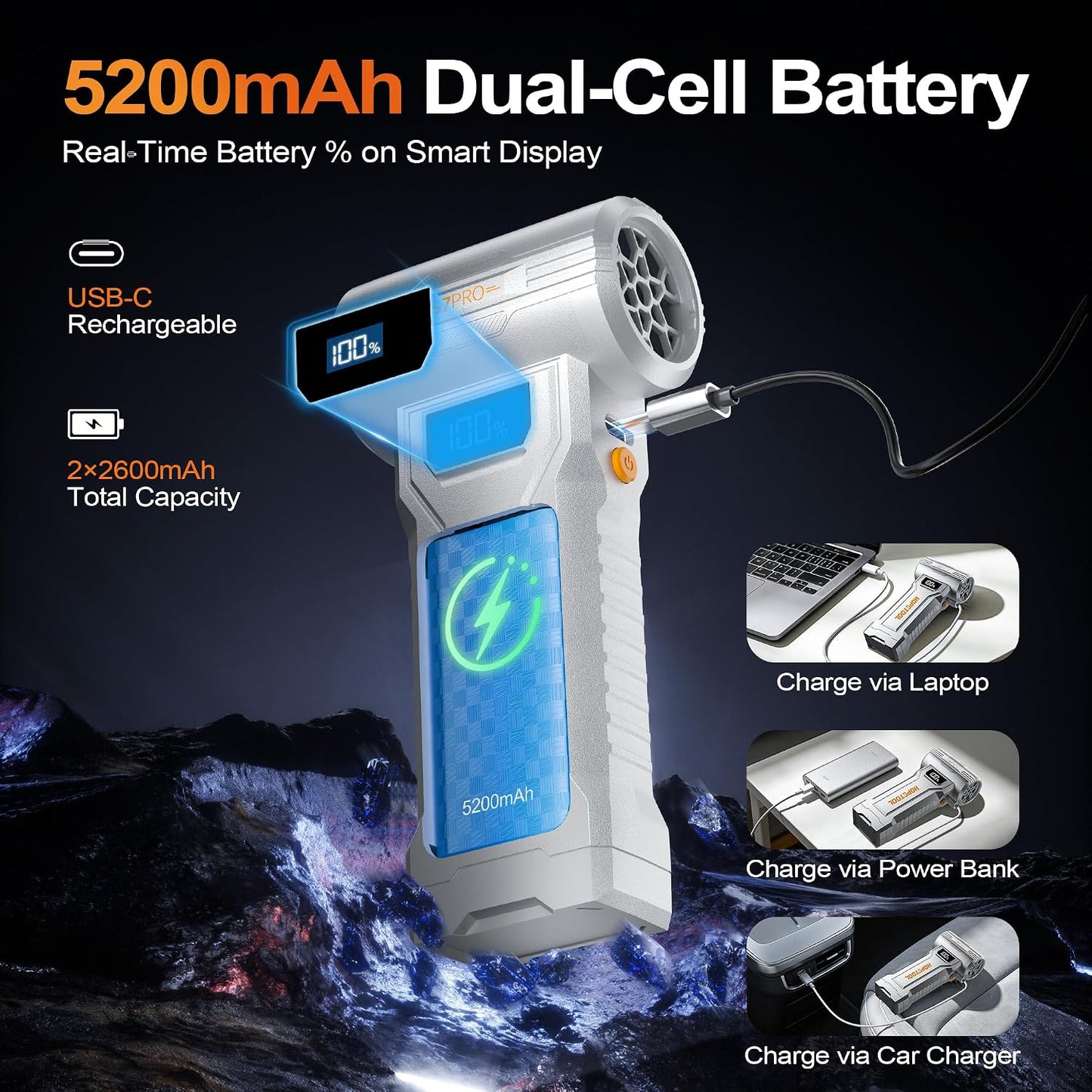 S7 Pro Compressed Air Duster, 150,000 RPM, Digital Display | Rechargeable compressed air duster with four speeds, digital display and LED light for PCs, keyboards, cars and home