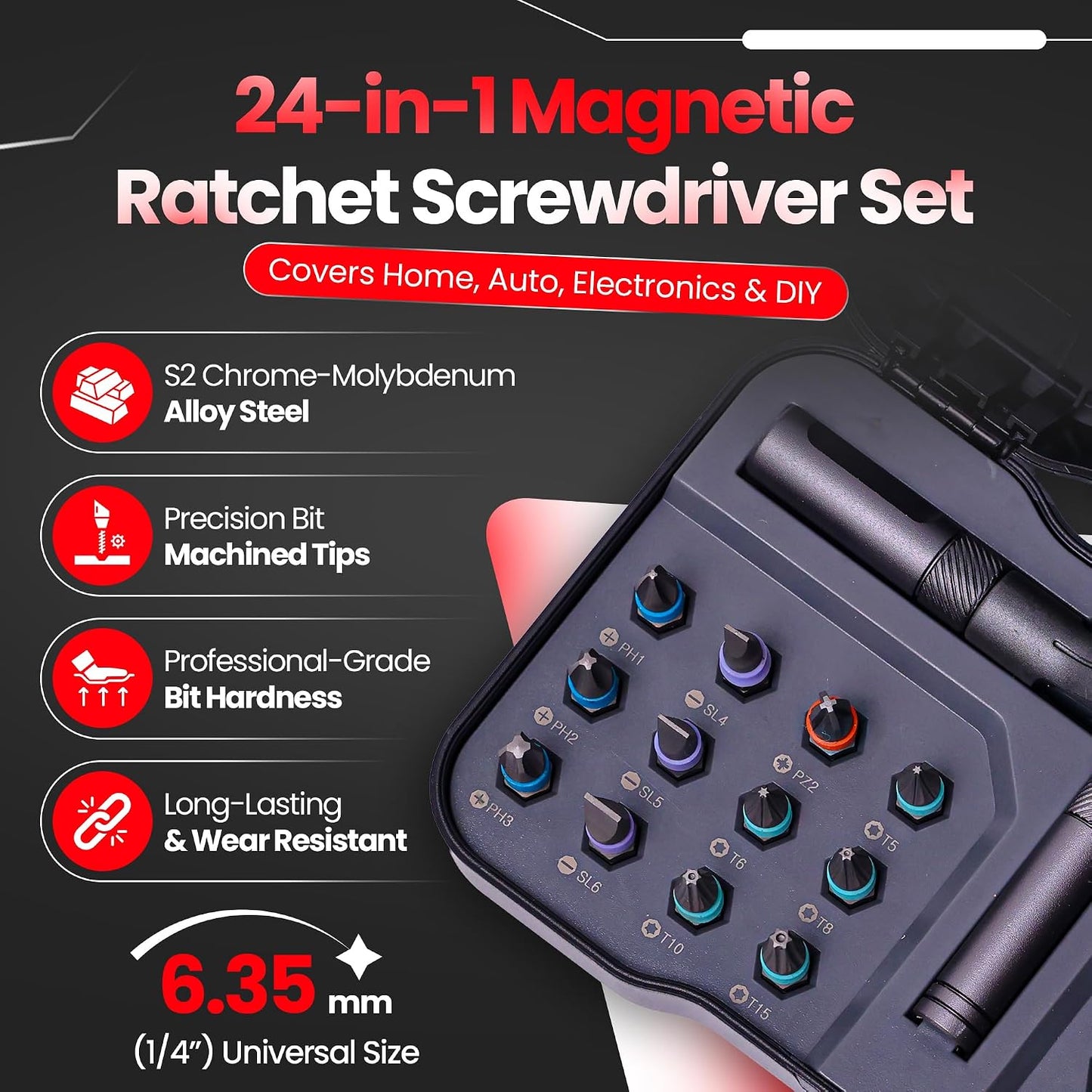 24 in 1 Magnetic Ratchet Screwdriver Set, Magnetic Screwdriver Set with Multi-Bit Ratcheting Handle & Bit Magnetizer, Compact Repair Tool Kit with Storage Case for Furniture, Computer, Bicycle and DIY