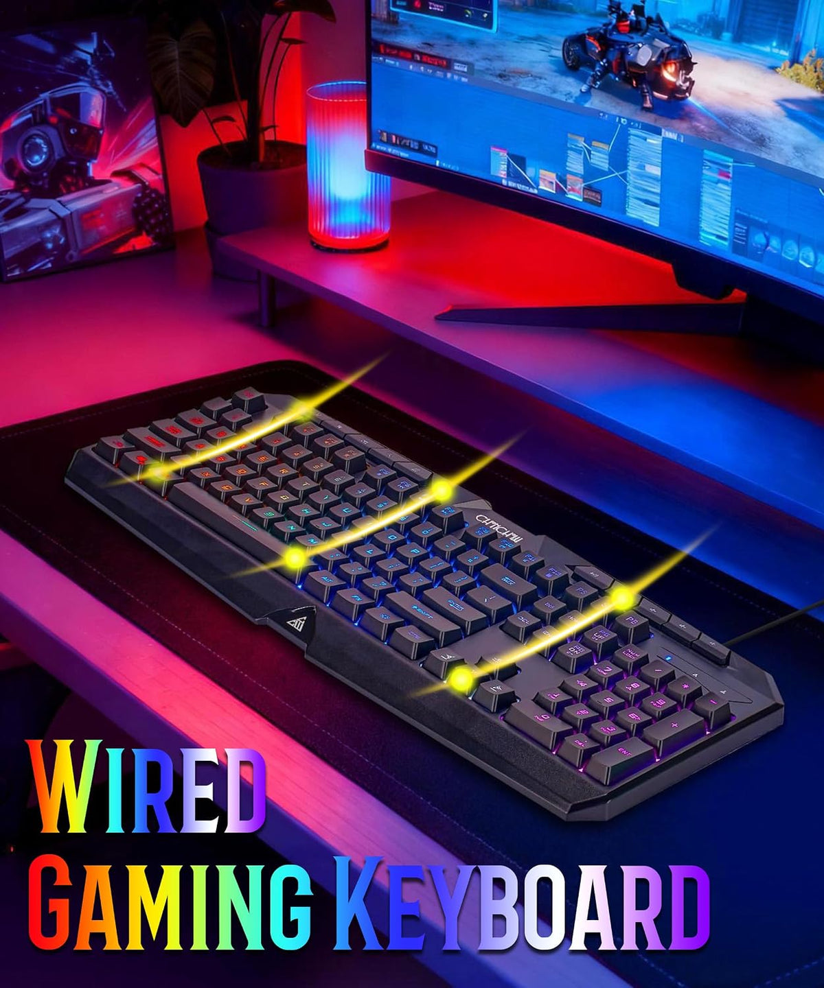 Light Up Gaming Keyboard Wired for PC PS5 Computer, USB Plug & Play, Quiet | 19-Key Anti-Ghosting, 12 Multimedia Keys, 114 Membrane Keys, Waterproof, Rainbow LED, Mechanical Feeling for Windows Gamer