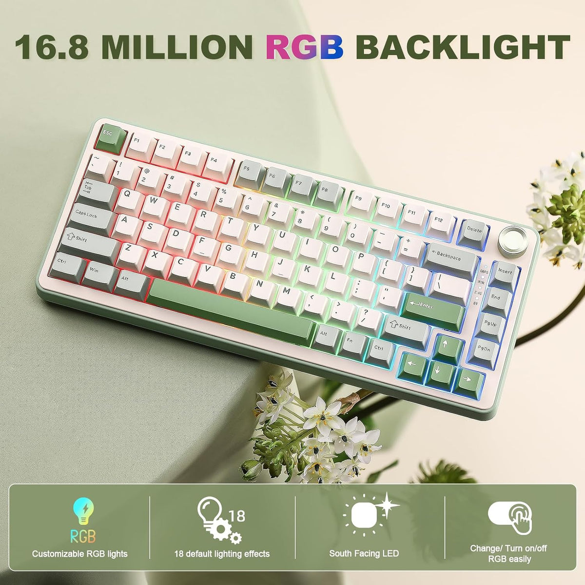 YUNZII B75 PRO 75% Wireless Mechanical Keyboard(Matcha Green,Cocoa V2) | Hot Swap Keyboard with Knob, Gasket Mount, Creamy Pre-lubed Switch for Smooth Typing, BT/USB-C/2.4G, for Gaming