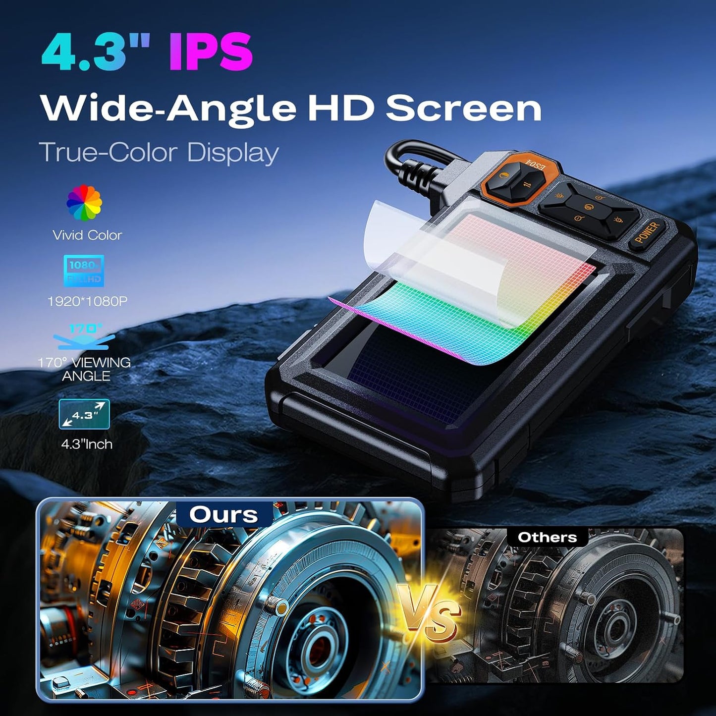 Endoscope Camera with Light, 1920P HD Borescope, 4.3" IPS Inspection Camera | AukonVee IP67 Waterproof Snake Camera with 8 LEDs, 16.5ft Semi-Rigid Cable, Great for Automotive and Pipe Repair Tools