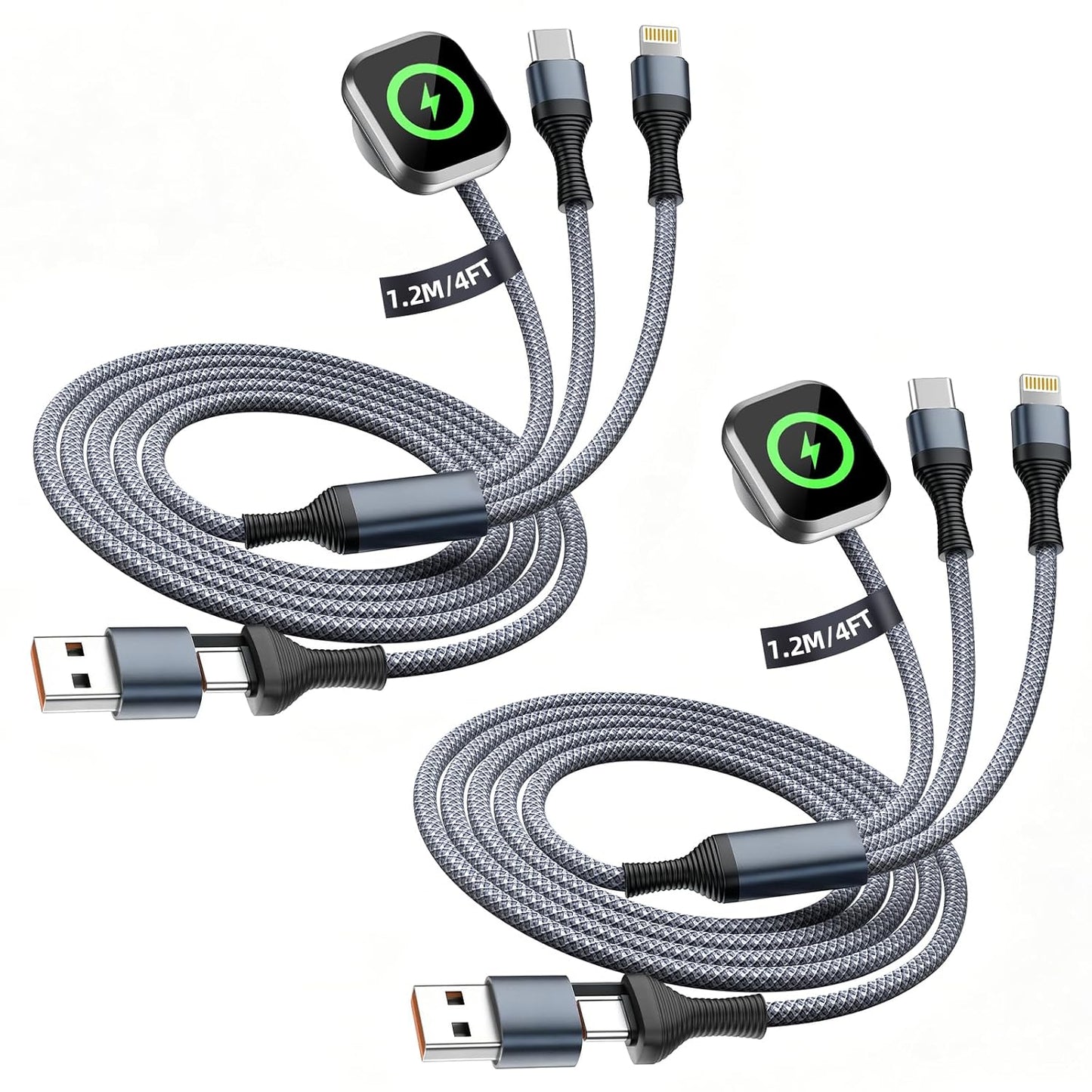 Travel Essentials 4 in 2 Multi Charging Cable for iWatch Charger 2Pack,5FT | Camping/Vacation/Cruise Essentials 2026 with Dual Type-C/ Apple Watch Charger/IP for iWatch 11-2/Ultra,iPhone 17-8,Galaxy,Car