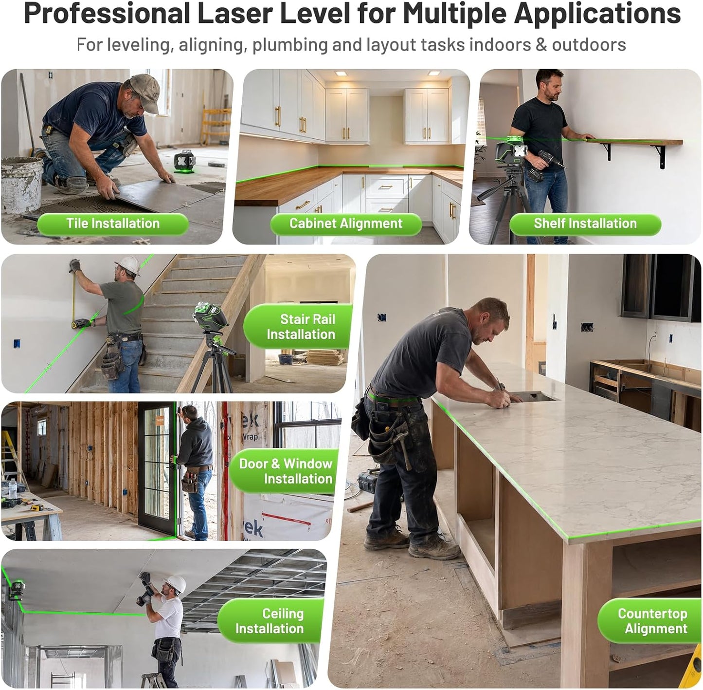 Huepar Laser Level 360 Self Leveling, S04CG 4x360° Green 4D Cross Line Laser with LCD Screen, Bluetooth Outdoor Pulse Mode, Remote Control, Rechargeable 16 Lines Laser Tool for Construction/Tile/Floor