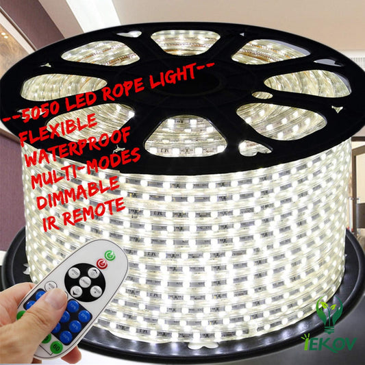 White Color LED Strip Light, AC 110-120V Flexible/Waterproof/Multi-Modes Function/Dimmable SMD5050 LED Rope Light with Remote for Home/Office/Building Decoration (65.6ft/20m)