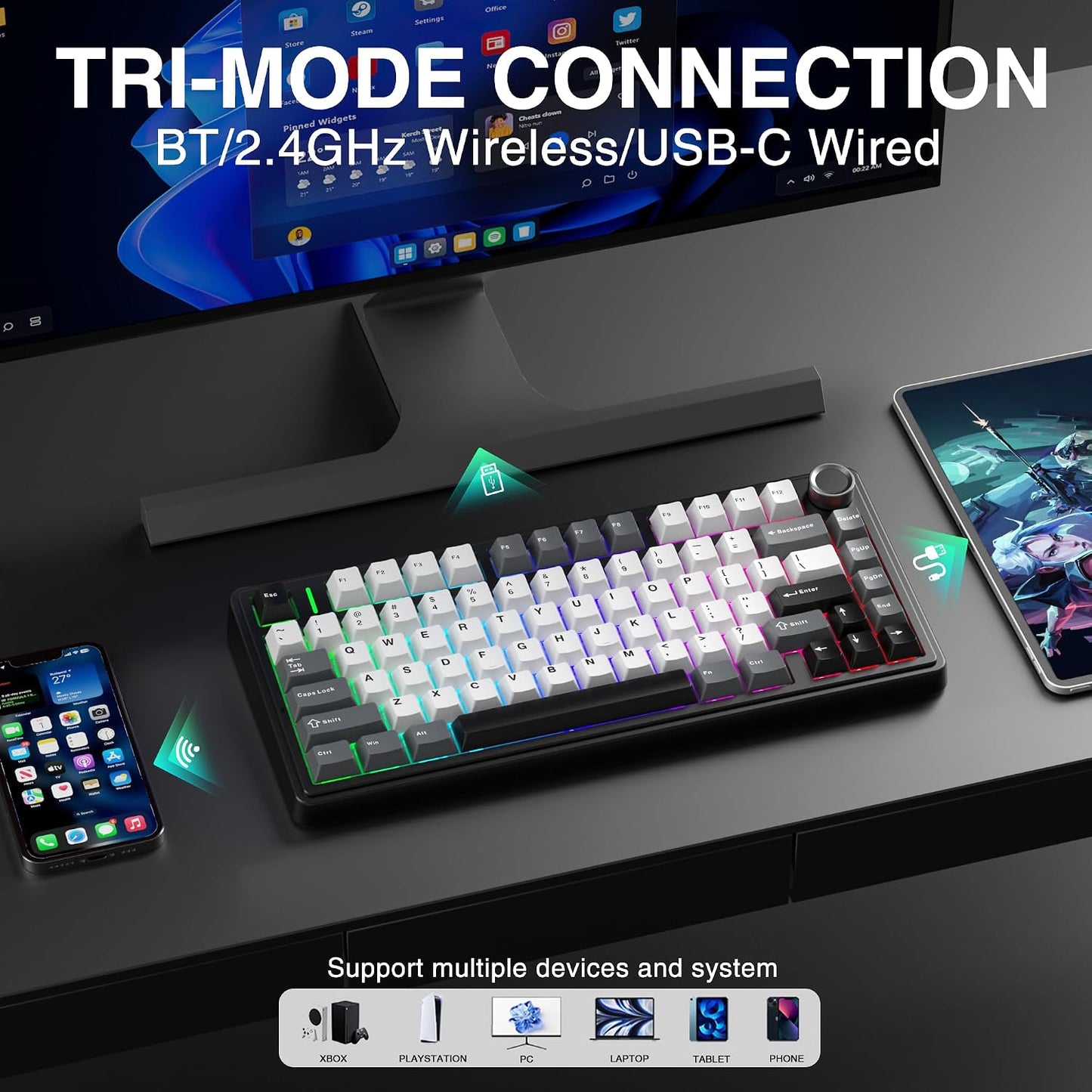 Aula F75 HE Wireless Gaming Keyboard Hall Effect Magnetic Switch Keyboard | 75% Gaming Keyboard with Rapid Trigger, 8K Polling, 0.01mm RT Adjustable Actuation, RGB Backlit, Hot-Swap Keyboard for Gamer