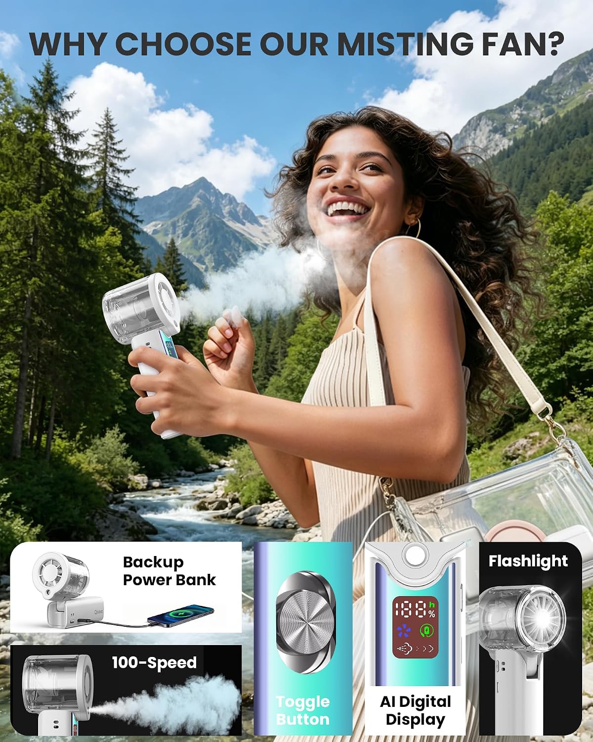 Portable Misting Fan with Mist, 3-in-1 Rechargeable Handheld 4000mAh | Adjustable mist mode, 100-speed wind control, LED display, power bank function, 30000RPM, compact & lightweight