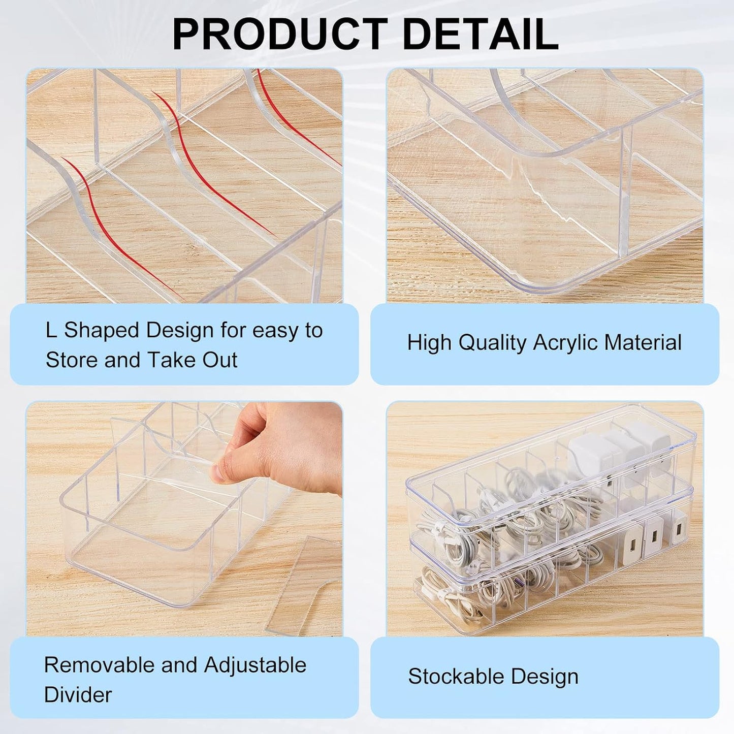 Tatuo 2 Pcs Cord Organizer for Drawer Desktop, Cable Organizer Box with 8 Compartments and Wire Ties, Plastic Charger Storage with Lid, Electronics Case for Home Office Accessories (Small,Clear)