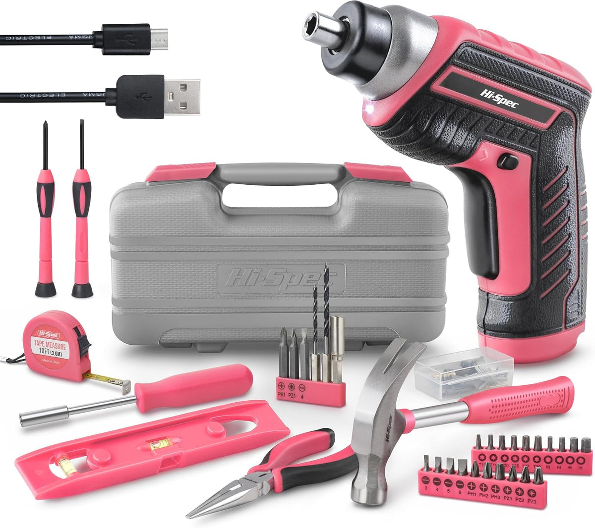 Hi-Spec 3.6V USB Electric Screwdriver for Home Repairs and Assembly, Pink | 35pc, fast assembly help, common screw bit selection, LED visibility, compact grip, quick household fixes, organized storage