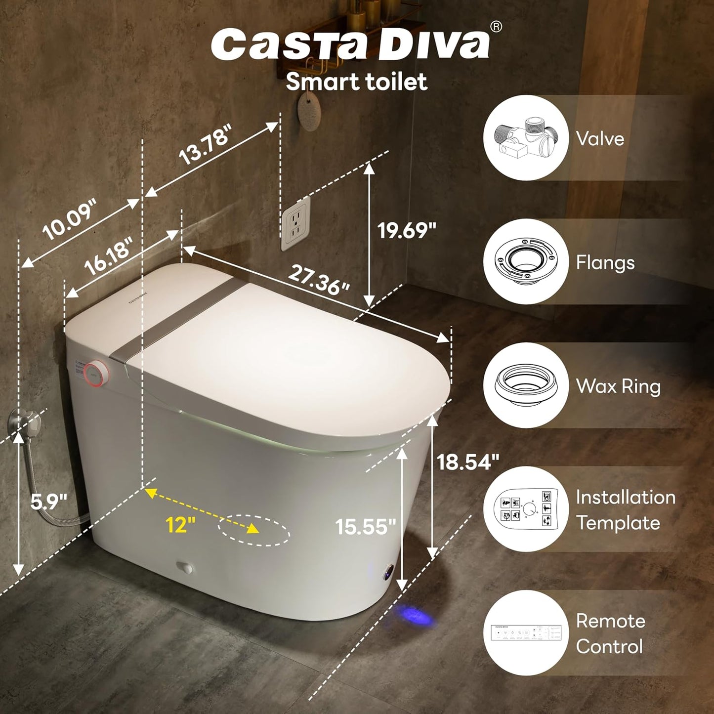 Casta Diva Smart Toilet with Bidet Built in, ADA Comfort Bidet Toilet, Foot Sensor & Soft-close Seat, 1000g MaP Auto Flush, Heated Seat & Foam Dispenser, Built in Tank, Blackout Flush(K050)