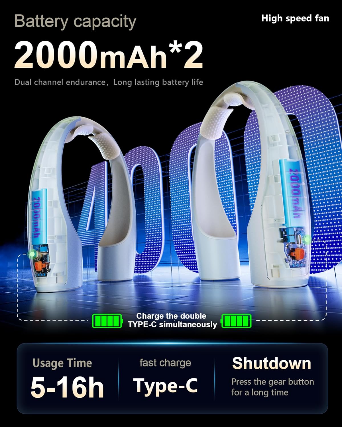 Heelkl AI Neck Fan, 4 Speeds Adjustable Portable Personal Fan Rechargeable, 4000 mAh Battery Faster Cooling Wearable Fan, Ultra Quiet for Home, Office, Travel, Outdoor - Champagne