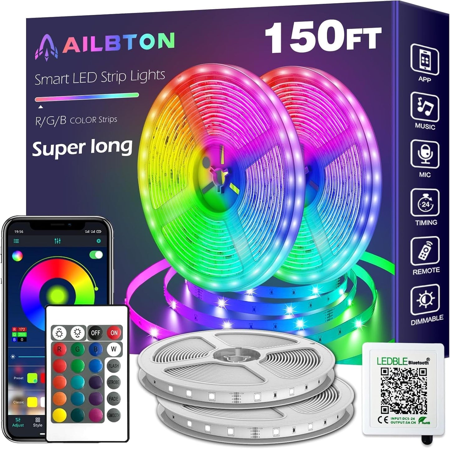 AILBTON Led Strip Lights,60ft Music Sync Color Changing, Built-in Mic,Bluetooth App Control LED Tape Lights with Remote,5050 RGB Rope Light Strips