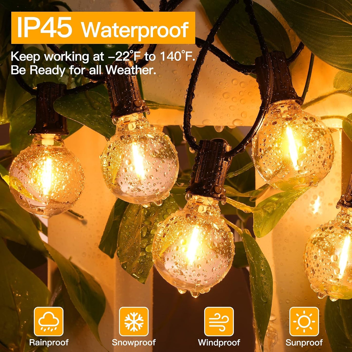 Ollny 50FT Outdoor String Lights, Waterproof Connectable Shatterproof Outside Light with 25 Edison + 2 Spare LED Bulbs Plug in, Patio Lights for Indoor Balcony Porch Camping Deck
