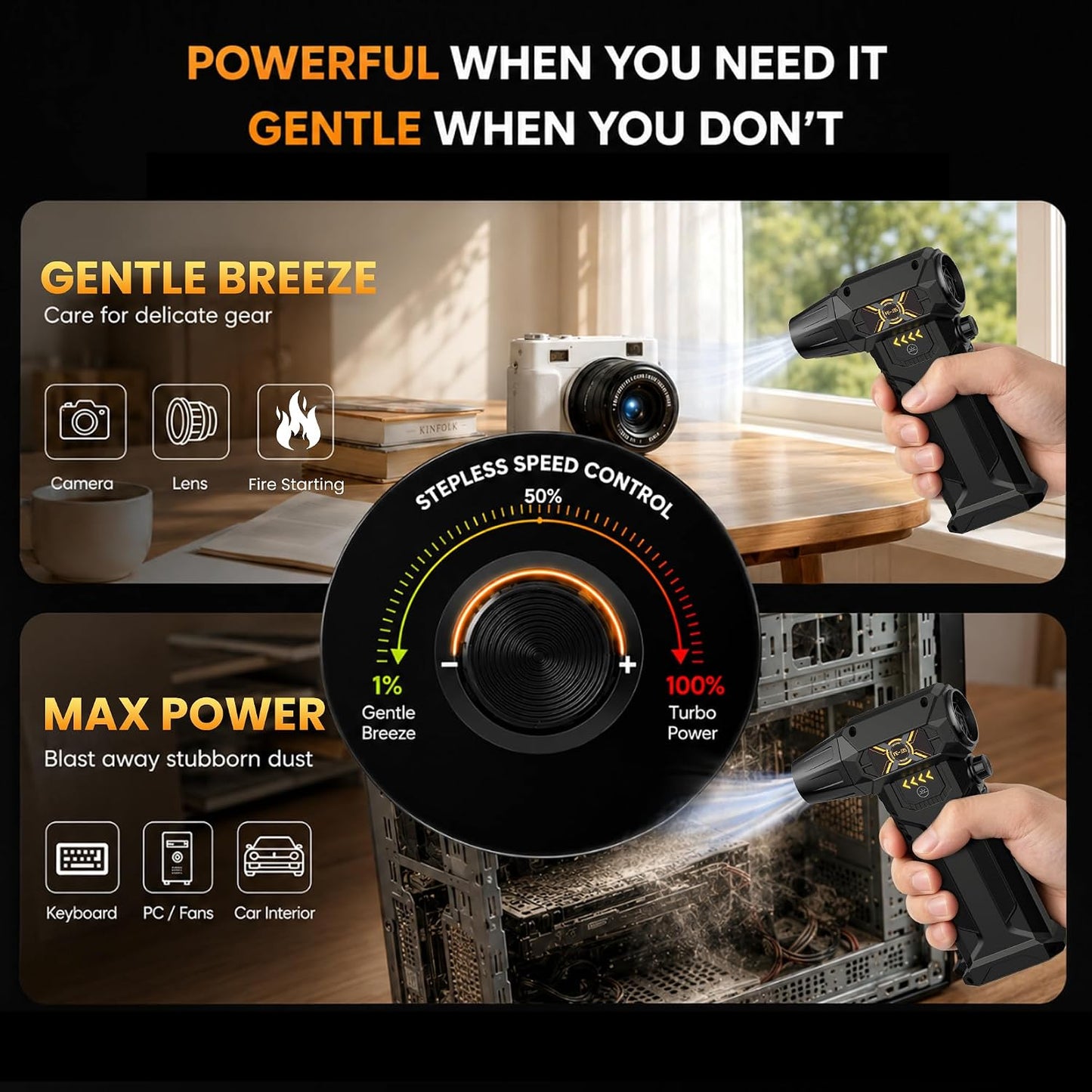 Compressed Air Duster, Stepless Speed Dial, Powerful Airflow, 130,000 RPM Rechargeable Air Blower for PC, Keyboard, Computer, Home, Car Interior, Electronics,6 Cleaning Nozzles, Compact 0.5lb (FE-J35)