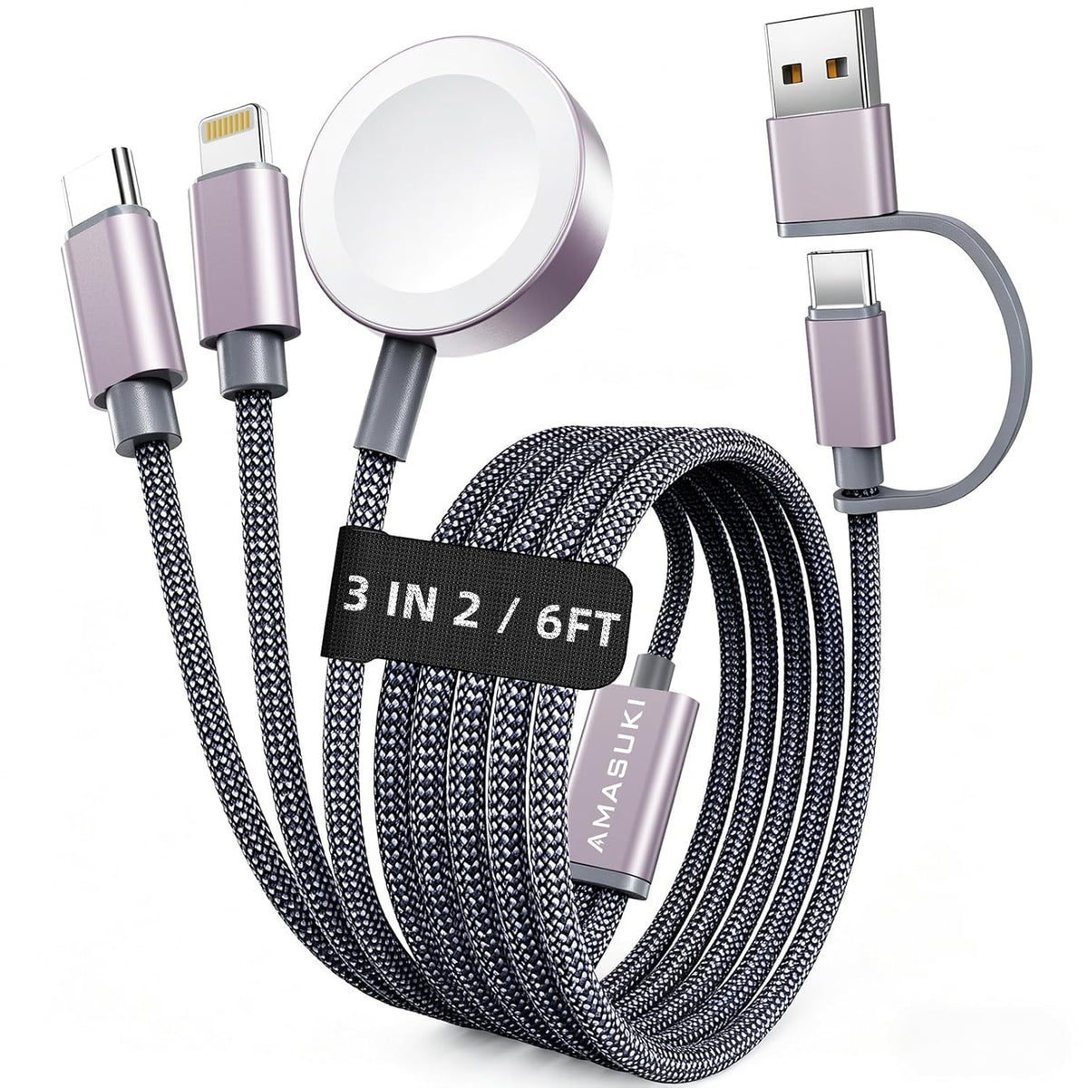 Travel Essentials,3 in 2 USB C Cable for Apple Watch Charger,iPhone Charger,Multi Charging Cable,Cruise Vacation Camping Essentials for iWatch Series 11-2/Ultra,iPhone 17-12,Car Accessories,Grey-6FT