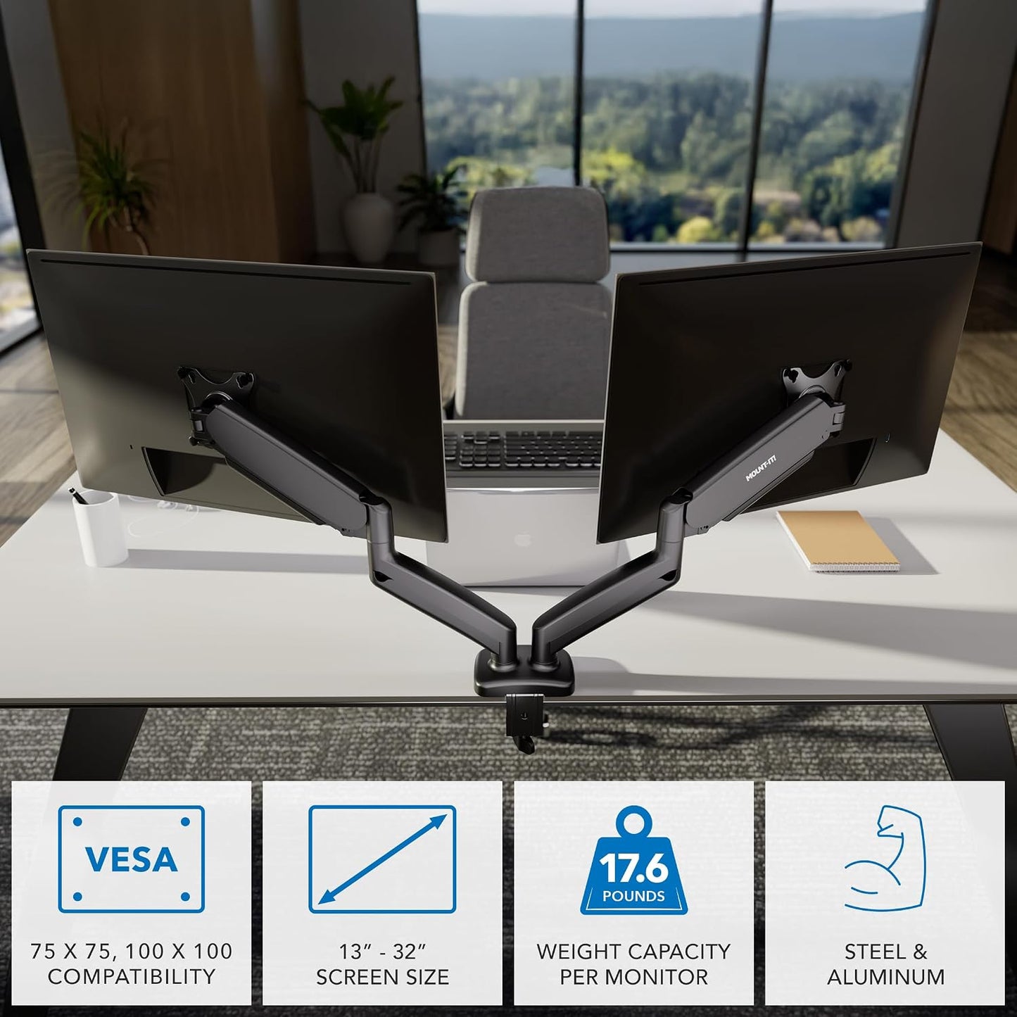 Mount-It! Dual Monitor Desk Mount, 13-32", 17.6 lbs Each | Two independent gas spring arms, full motion, VESA 75x75 &amp; 100x100, C-clamp &amp; grommet base.