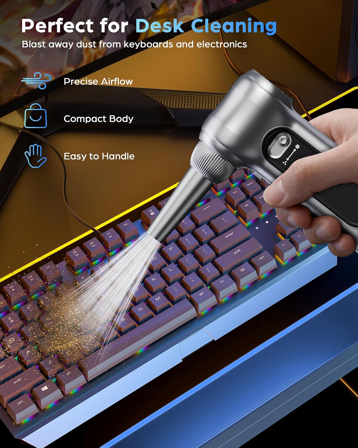 Compressed Air Duster 150000RPM Cordless Blower LED for Electronics Car | 150000RPM brushless cordless air duster. Stepless speed control. Rechargeable with LED light. Multi nozzles for electronics