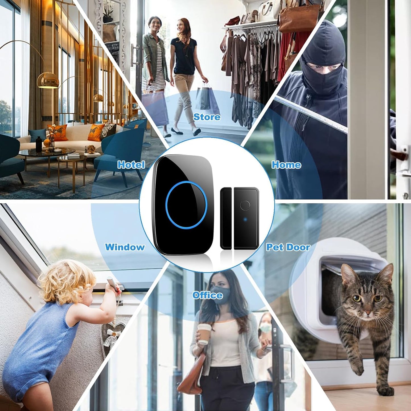 Door Chime When Door Opens, FullHouse Door Sensor Wireless Entry Alarm with 1000ft Range, 60 Chimes and 5 Volume Levels for Business/Store/Home/Office (Black, 5 Sensor + 3 Receiver)