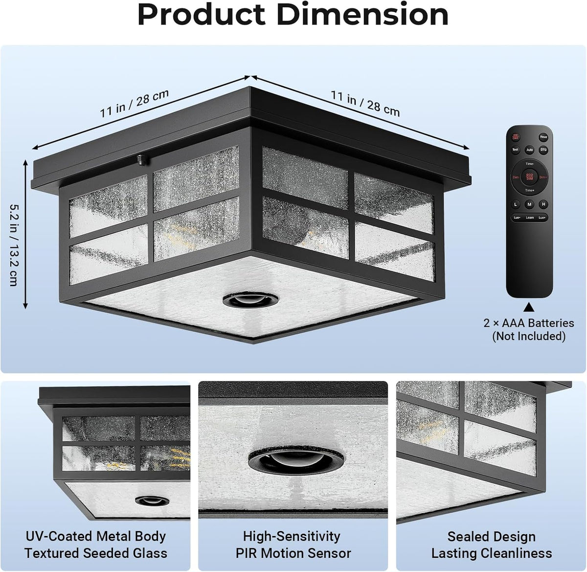 VIANIS Black Smart Motion Sensor Outdoor Ceiling Light with Remote Control