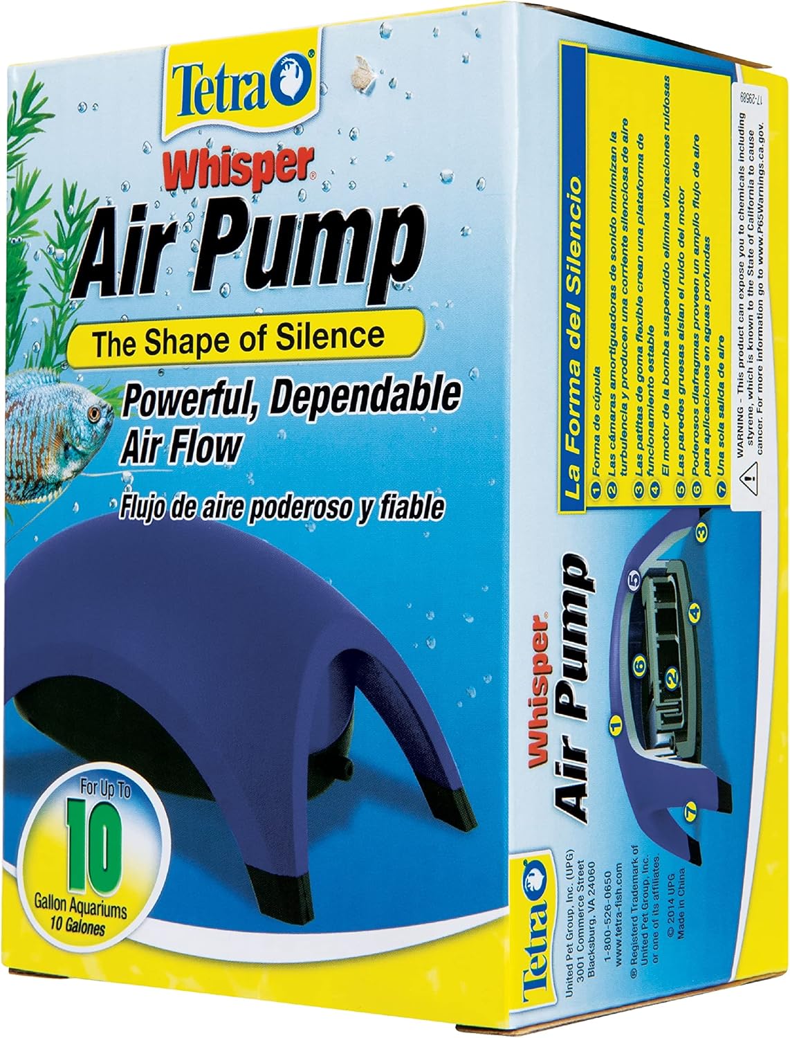 Tetra Whisper Air Pump for Up to 10 Gallon Aquariums, Non-UL | Suspended Motor For Quiet Operation, Provides Oxygen & Water Movement In Fish Tank, For Freshwater Or Marine Fish