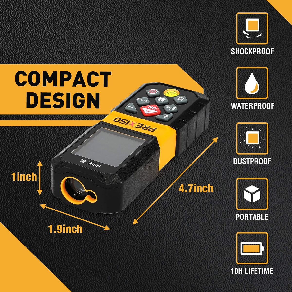 PREXISO Laser Measure Tool, 265Ft Rechargeable Laser Tape Measure (M/in/Ft) | Backlit LCD with 4 Line Display, Pythagorean/Distance/Area/Volume Modes, Mute Mode & 30 Records Memory, 3 Reference Points