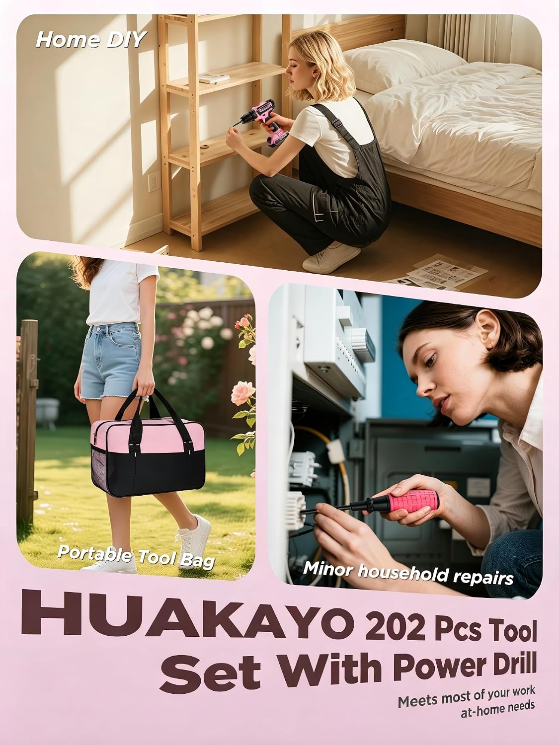 Pink Cordless Drill Set 202 Pcs, 21V Pink Power Drill Tool Set Kit with Storage Bag, Electric Drill Set for Women, Precision Screwdriver set, Magnetic Wristband, for Home DIY Projects