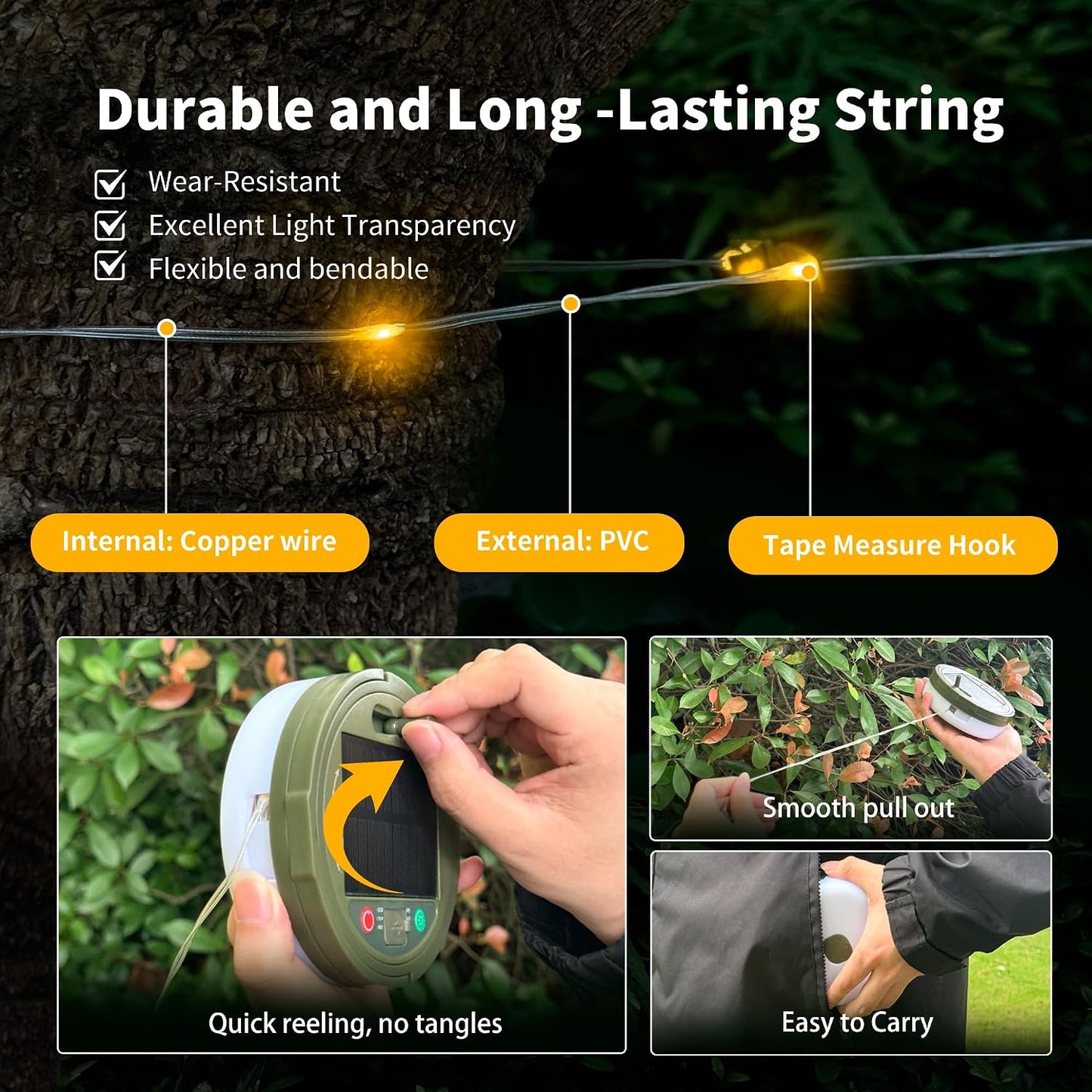 Solar Camping String Lights, 33FT 100LED Quick Storage Rechargeable Tent Lights with 9 Lighting Modes, Portable Camping Fairy Lights Waterproof for Outdoor Patio Garden Party Decorations