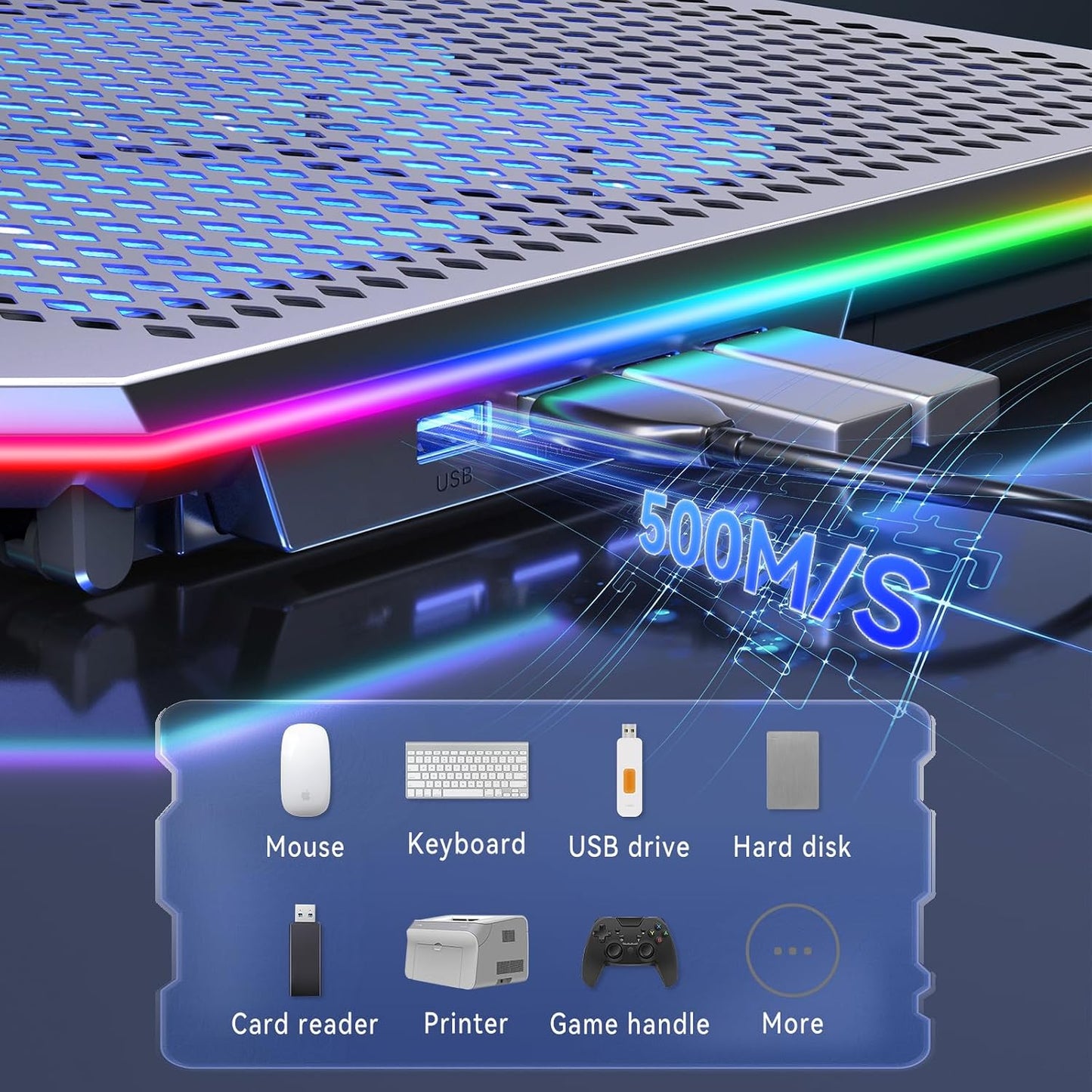 KYOLLY Aluminum Alloy RGB Gaming Laptop Cooler with 6 Fans and LCD Screen - 10 RGB Modes Memory Function, 4 USB Ports 3.0 and 2.0 Hub, 9 Height Adjustable for 10 to 21 Inch Laptops on Desk or Lap