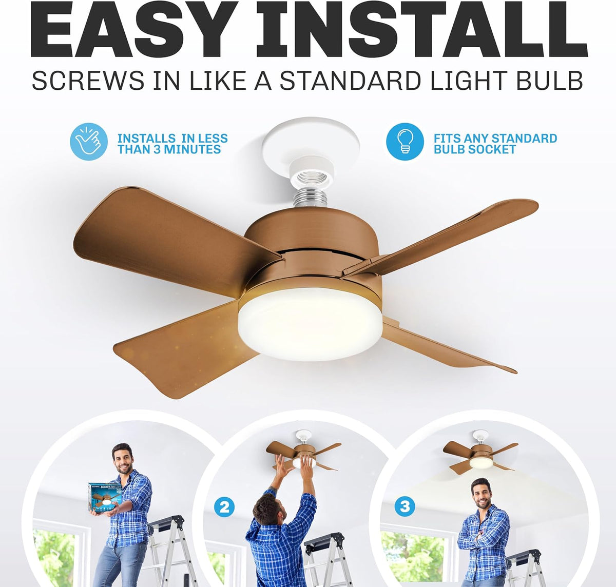 Bell+Howell Socket Breeze Socket Fan Light with Remote | 3500K, 1000 Lumens, Portable, Easy to Install Ceiling Fans Replacement for Bedroom, Kitchen, Living Room