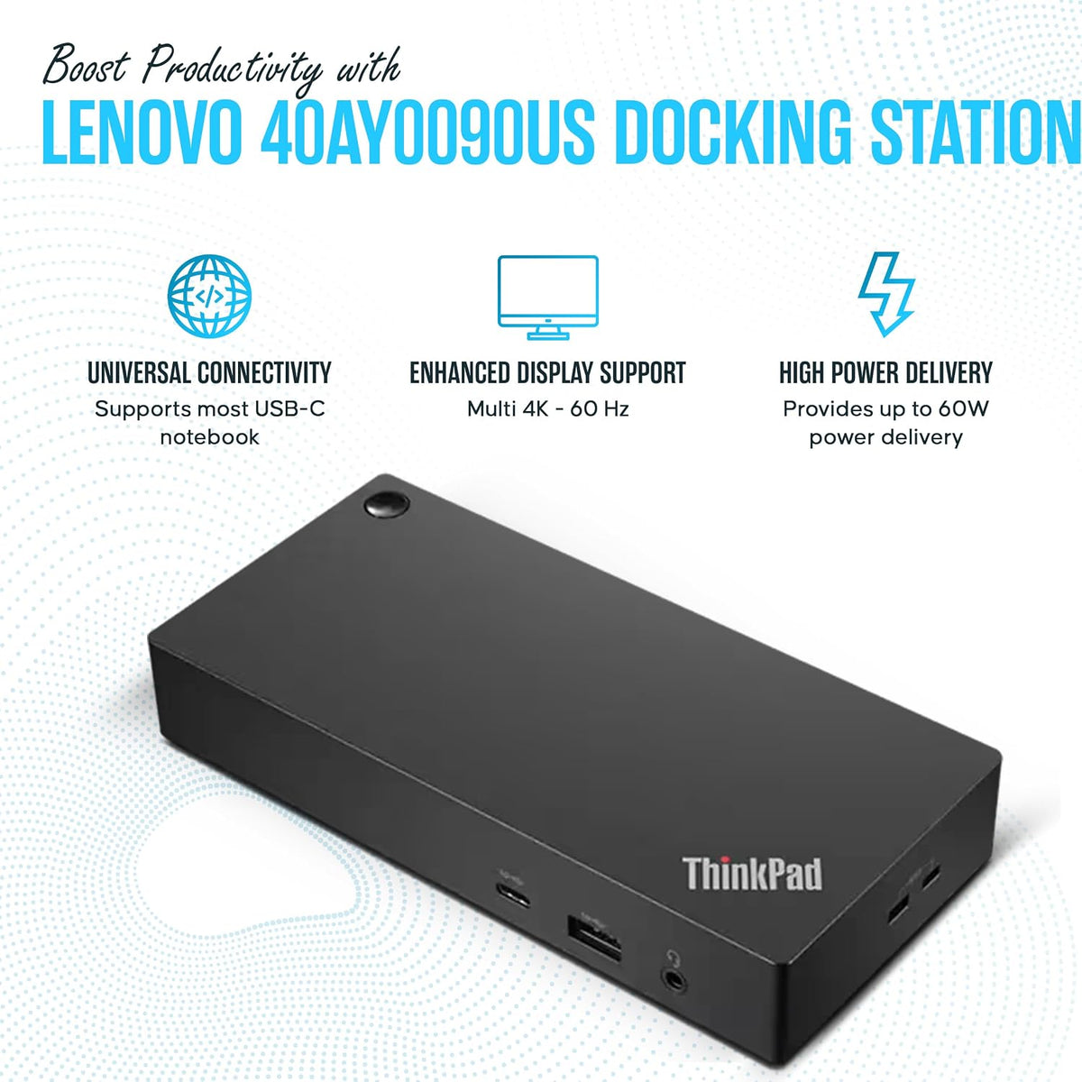 40AY0090US Lenovo ThinkPad Docking Station, USB-C Dock, Dual Monitor, 90W
