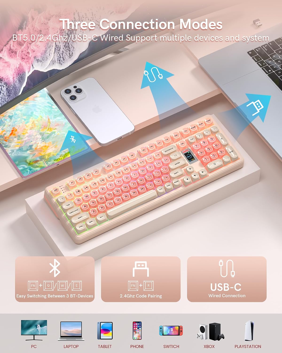 Keymatic Foundation Mechanical Keyboard,98% Pink Creamy Keyboard Gaming Keyboard,3 Mode with Multimedia Screen,RGB Backlit,Jelly MOA Profile keycaps for Win/Mac,Pink