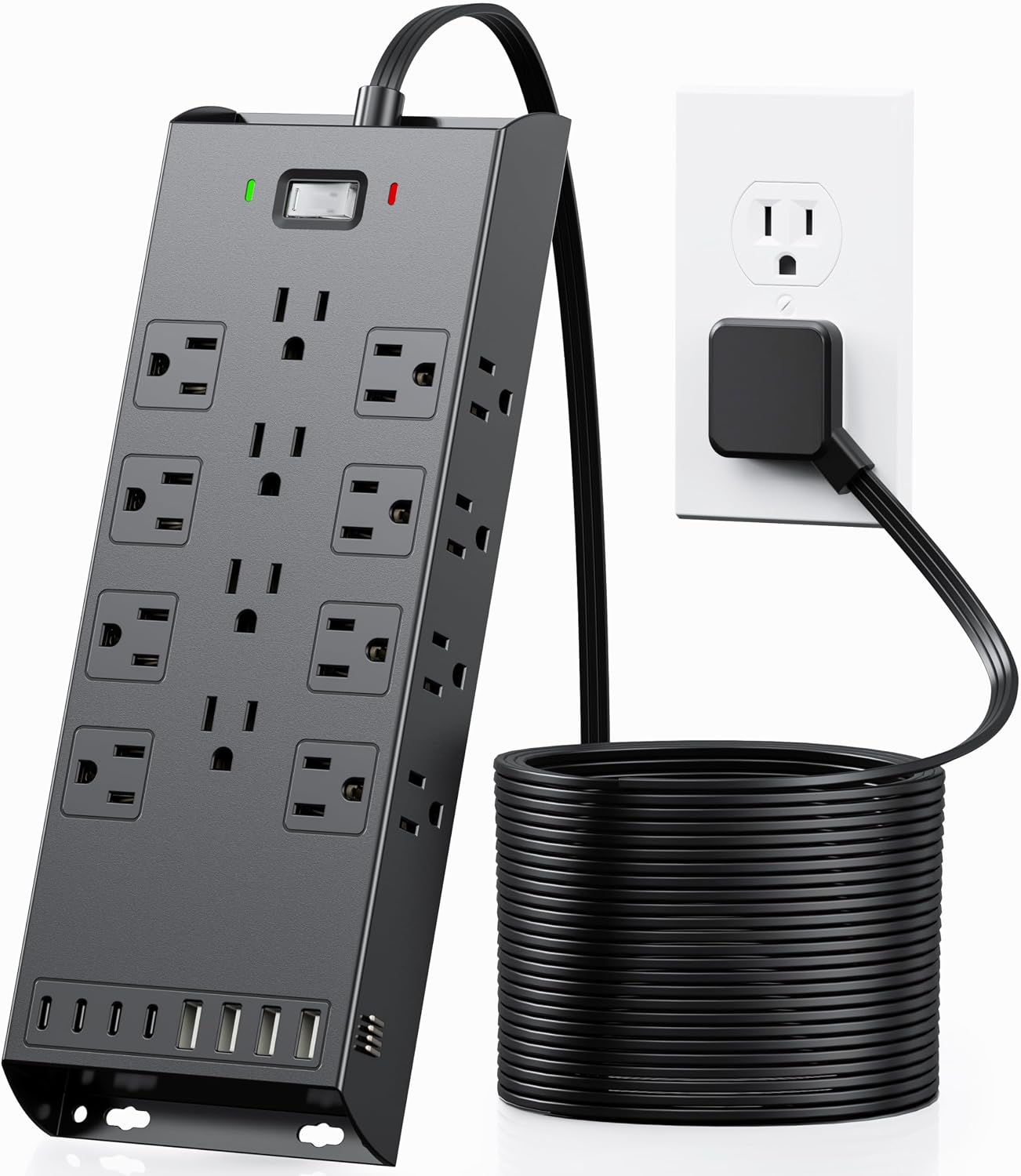 Surge Protector Power Strip 4800J, LeZone 10Ft Long Extension Cord Flat Plug, 12 Outlets 2 USB C 2 USB Ports, Wall Mountable, Desk Charging Station, Black
