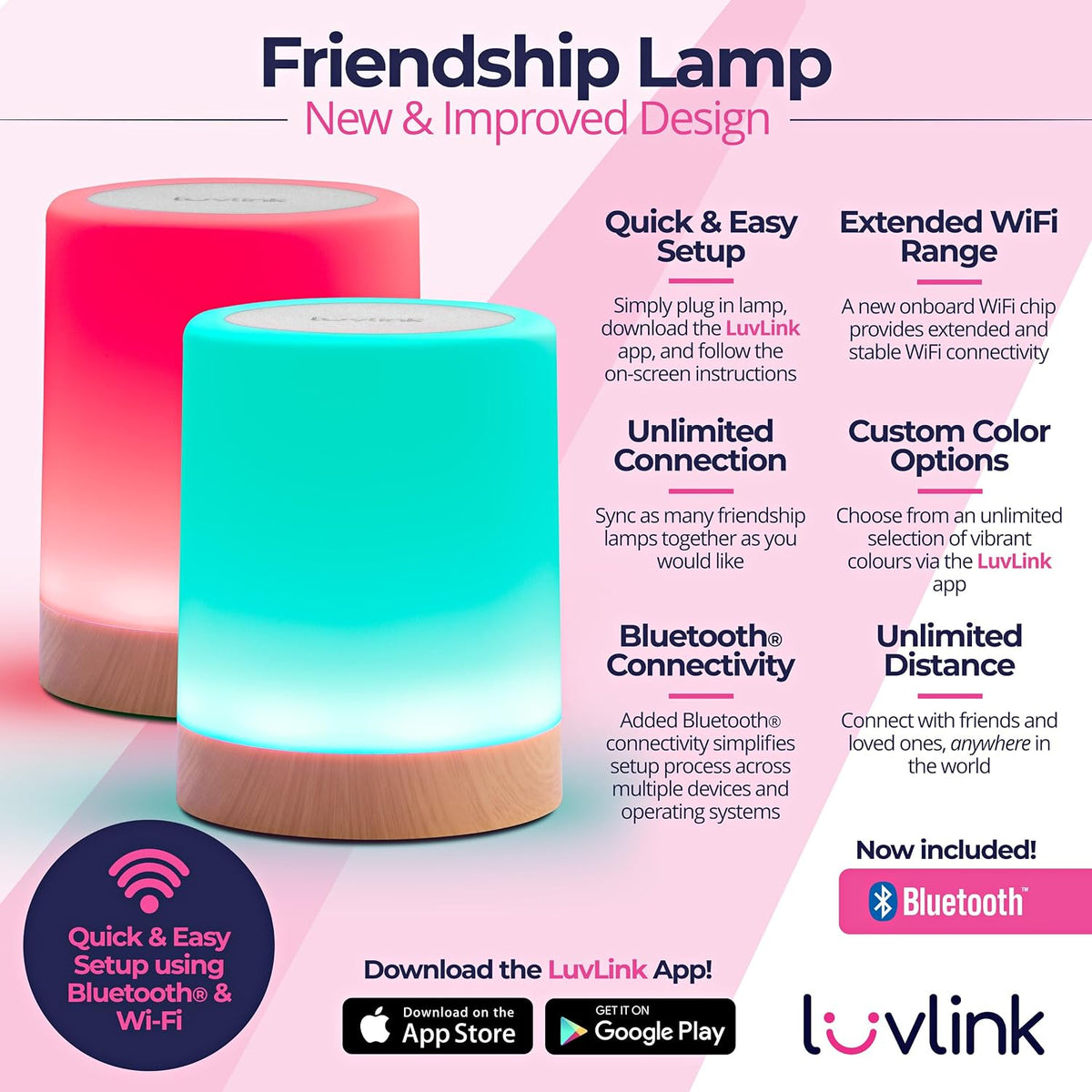LuvLink Friendship Lamp v2.0 - Long Distance WiFi Touch Lamps for Couples, Friends & Family | Stay Connected from Anywhere – Easy App Setup – No Subscription (Set of Six)