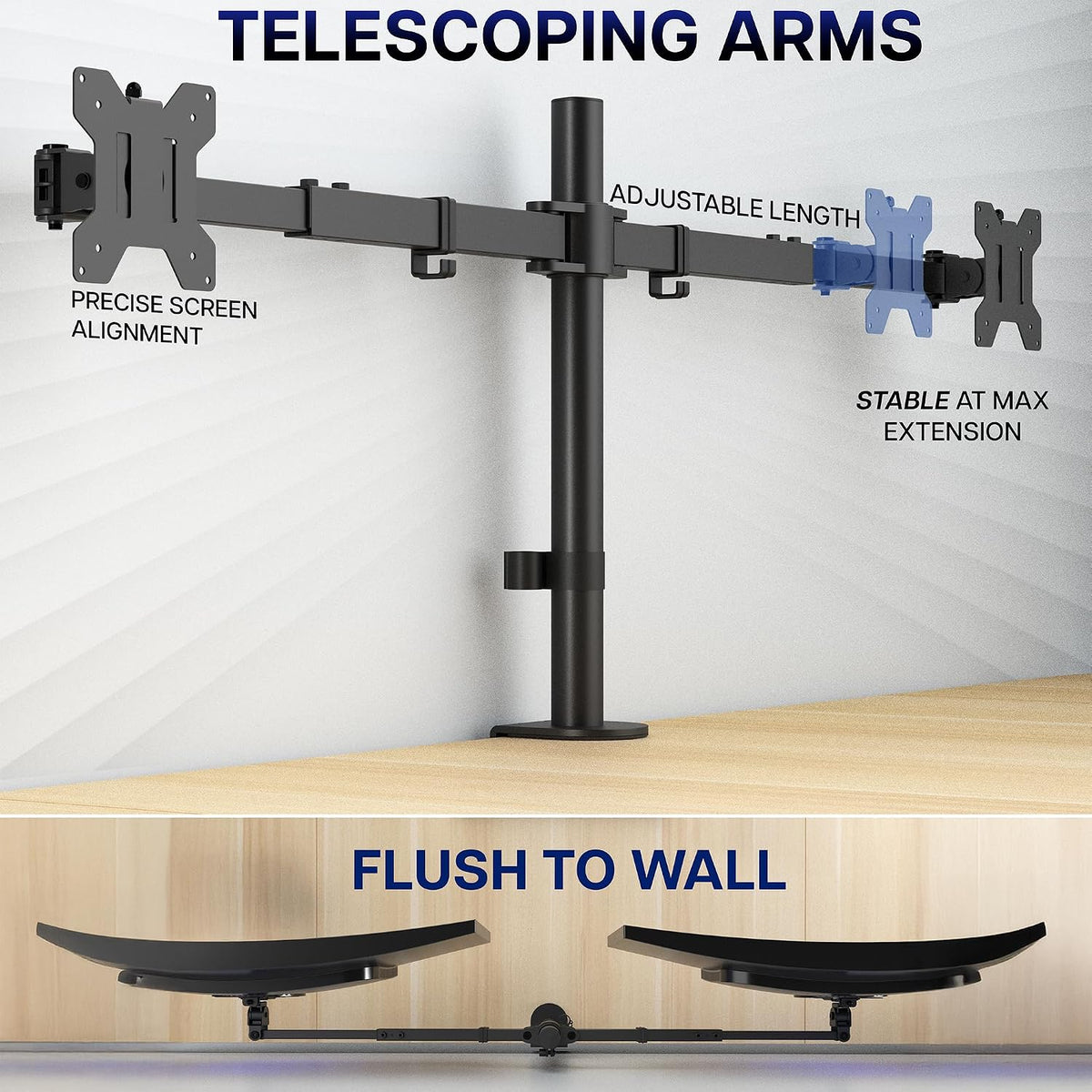 VIVO Premium Dual Ultra Wide LCD LED 27 to 38 inch Monitor Desk Mount, Heavy Duty, Adjustable Telescoping Arms, Flush Wall Setup, Fits 2 Screens, Black, STAND-TS38C